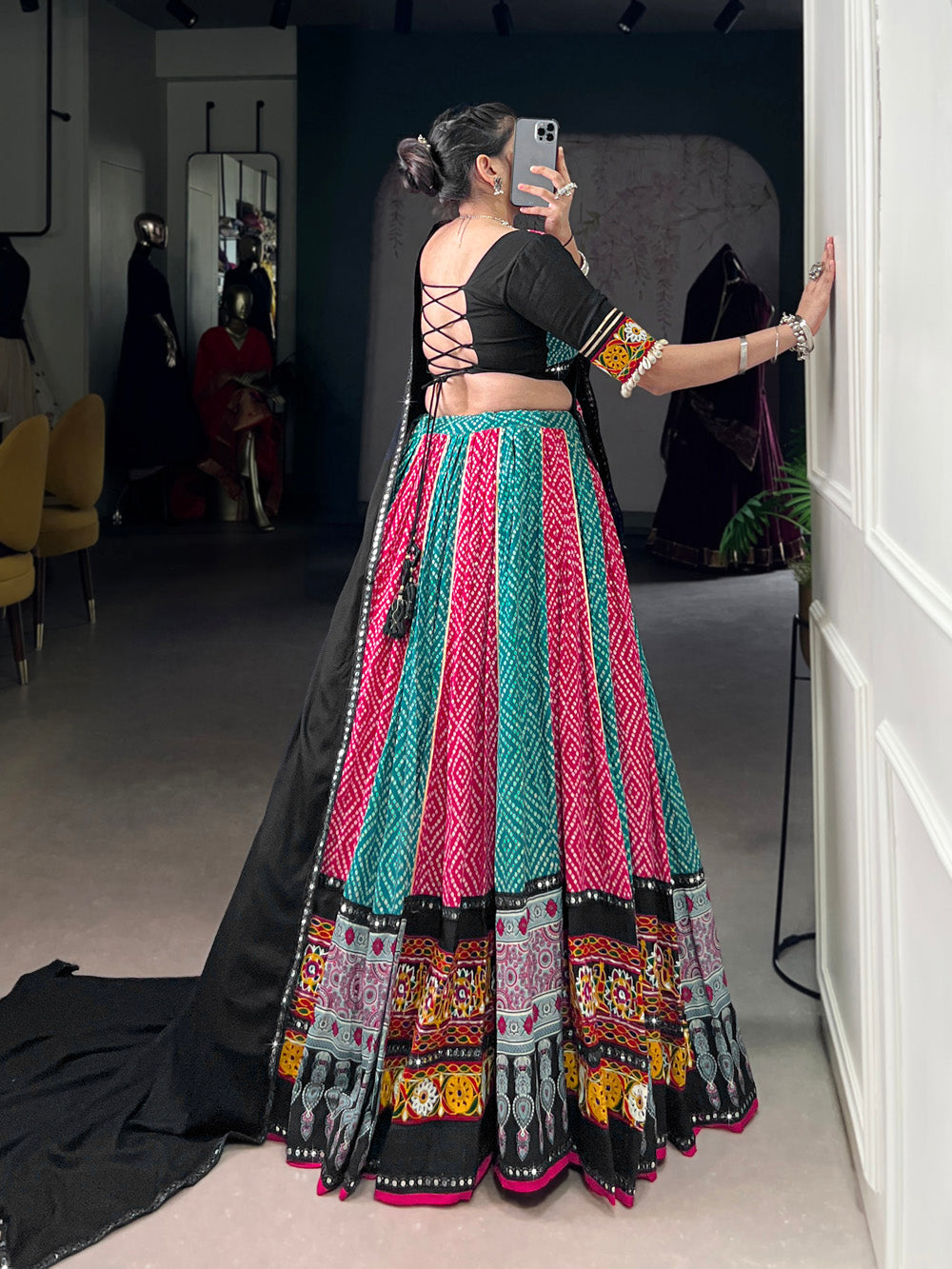 Black pink pure rayon Bandhej Ajrakh Gamthi mirror work lehenga choli