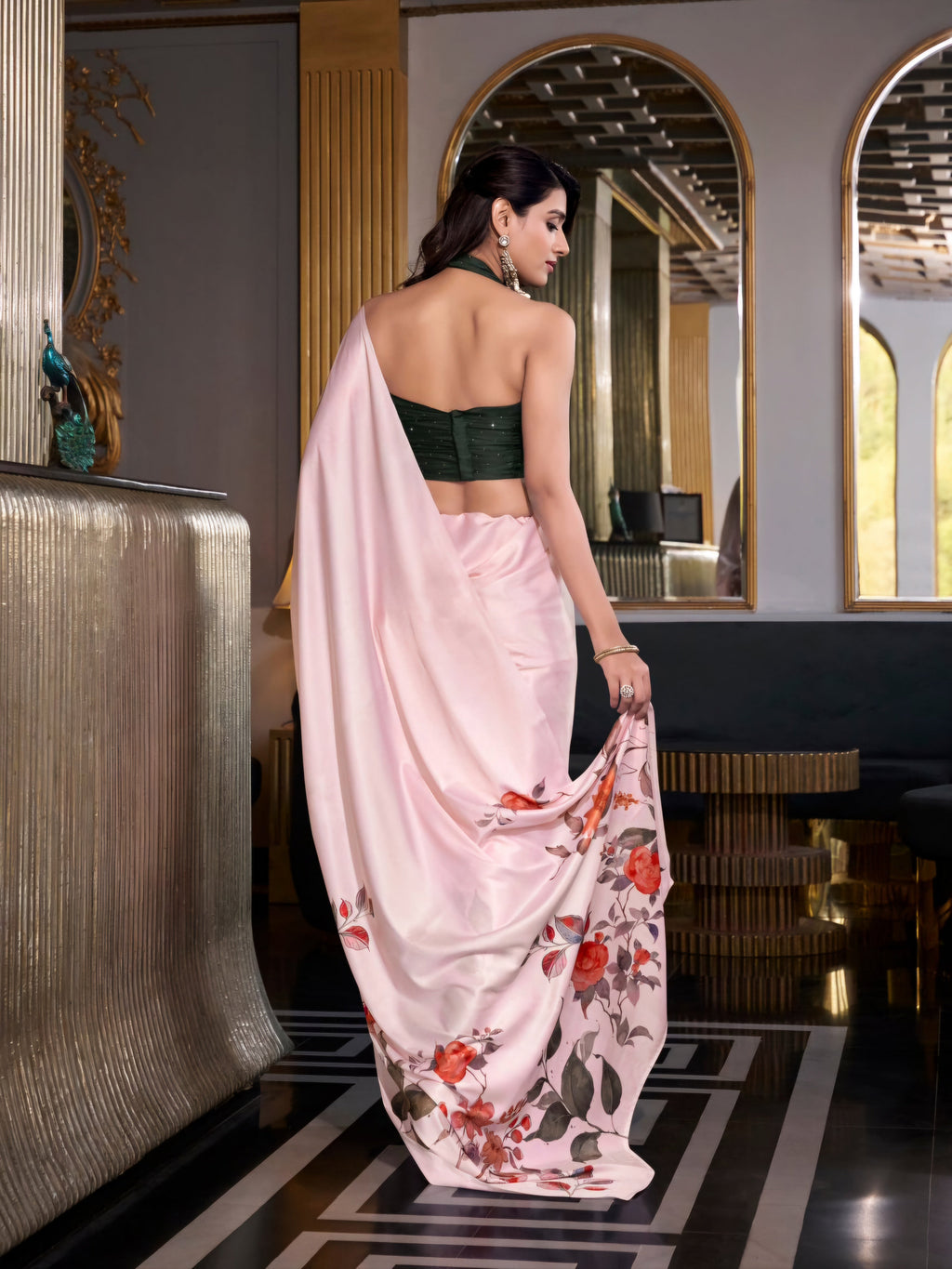Off white satin silk printed saree with moonga silk blouse