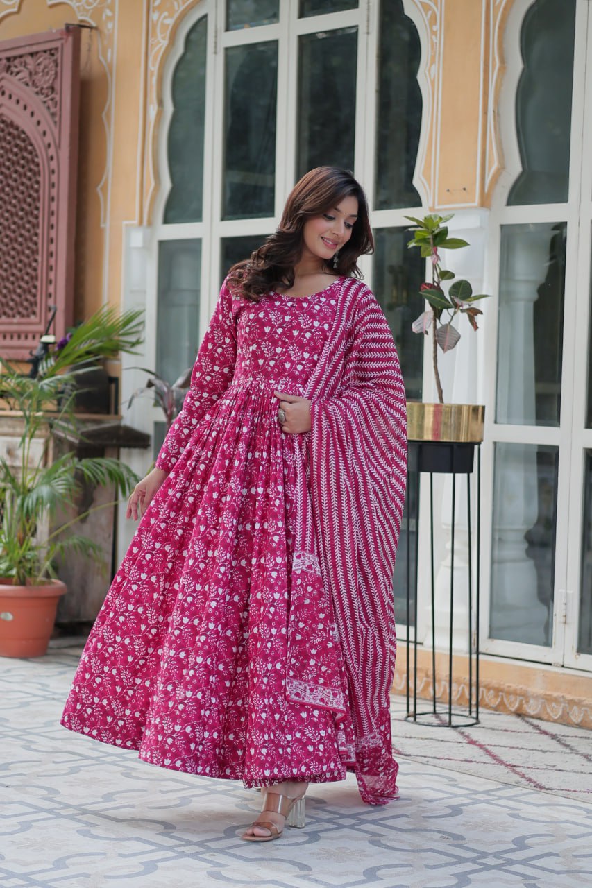 Pink cotton Mahi designer Anarkali suit with dupatta