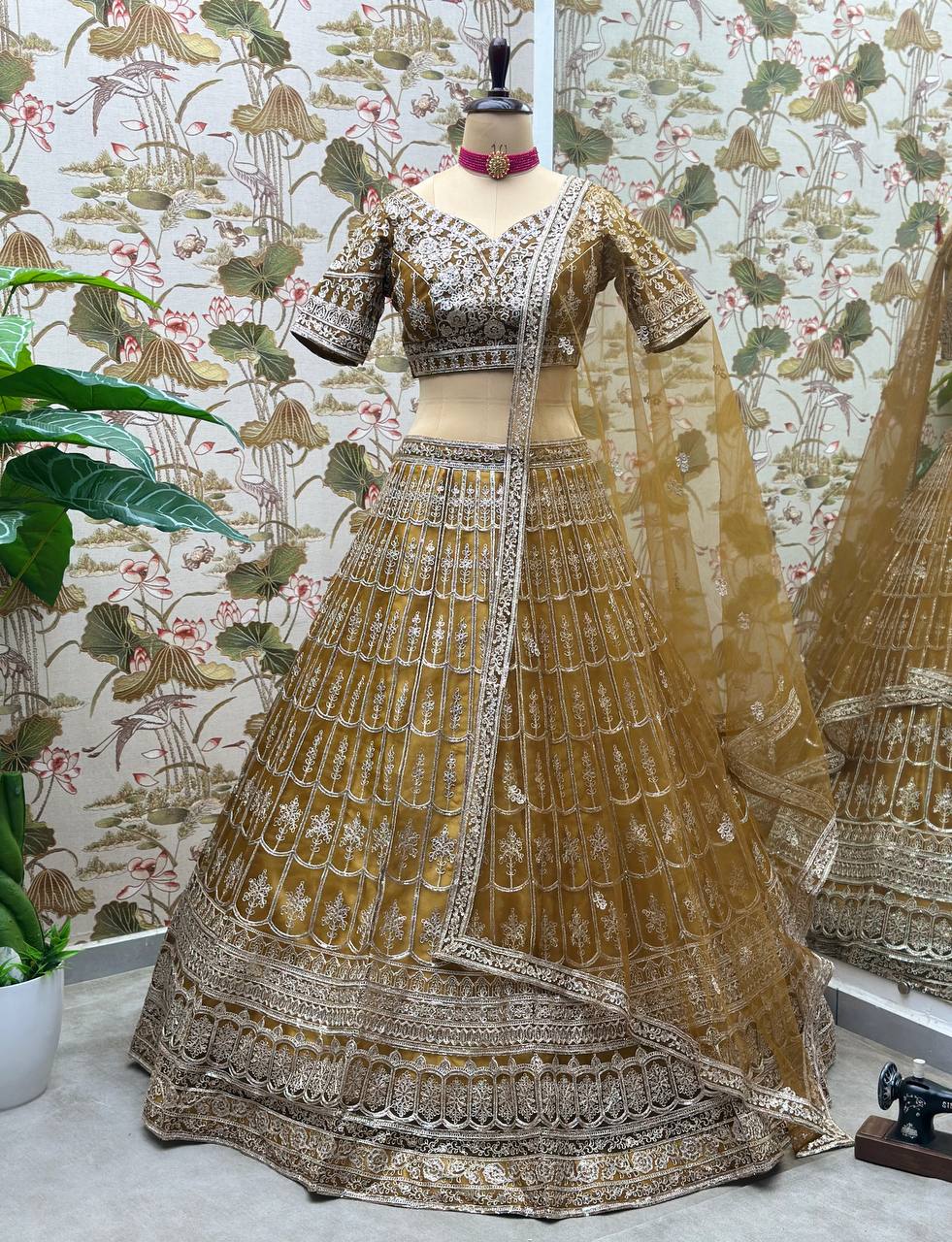 Brown net sequins embroidered designer lehenga choli with dupatta