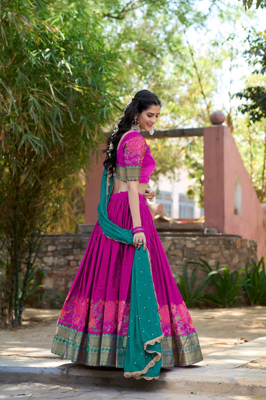 Pink cotton silk embroidered lehenga choli set with dupatta