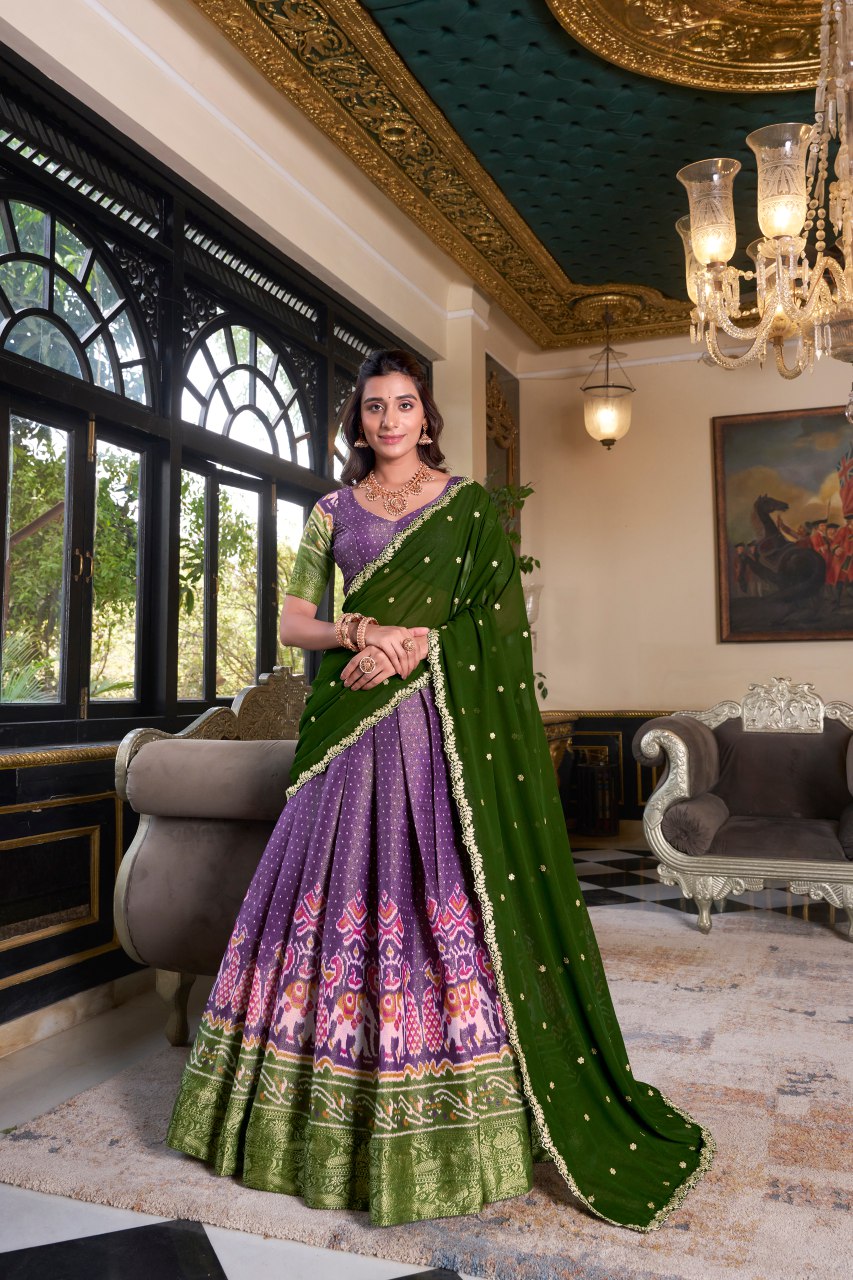 Purple Kanchipuram silk printed lehenga choli with embroidered dupatta