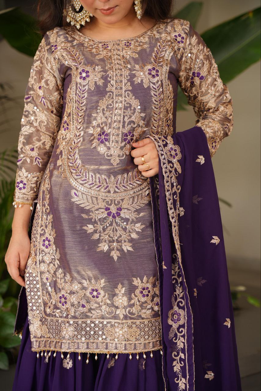 Purple crazy silk embroidered kurti palazzo set with dupatta