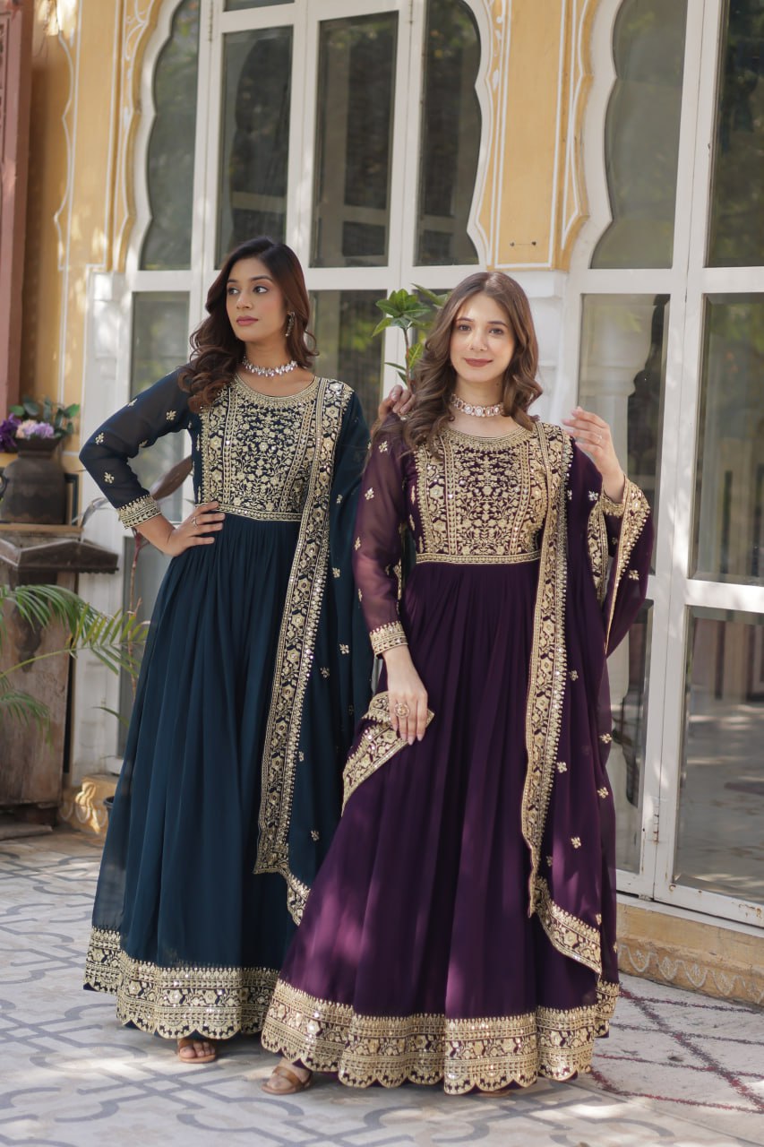 Suvarnita Teal Faux Blooming Embroidered Gown