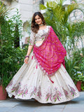 Amla off-white tissue silk lehenga choli with sequins thread work and pink Bandhej dupatta