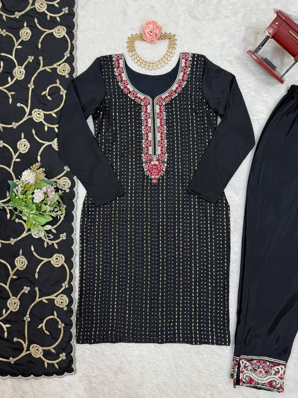 Shop this embroidered kurti with pants and dupatta – a stunning chinon silk ethnic wear, fully stitched kurti set online for festive wear for women.
