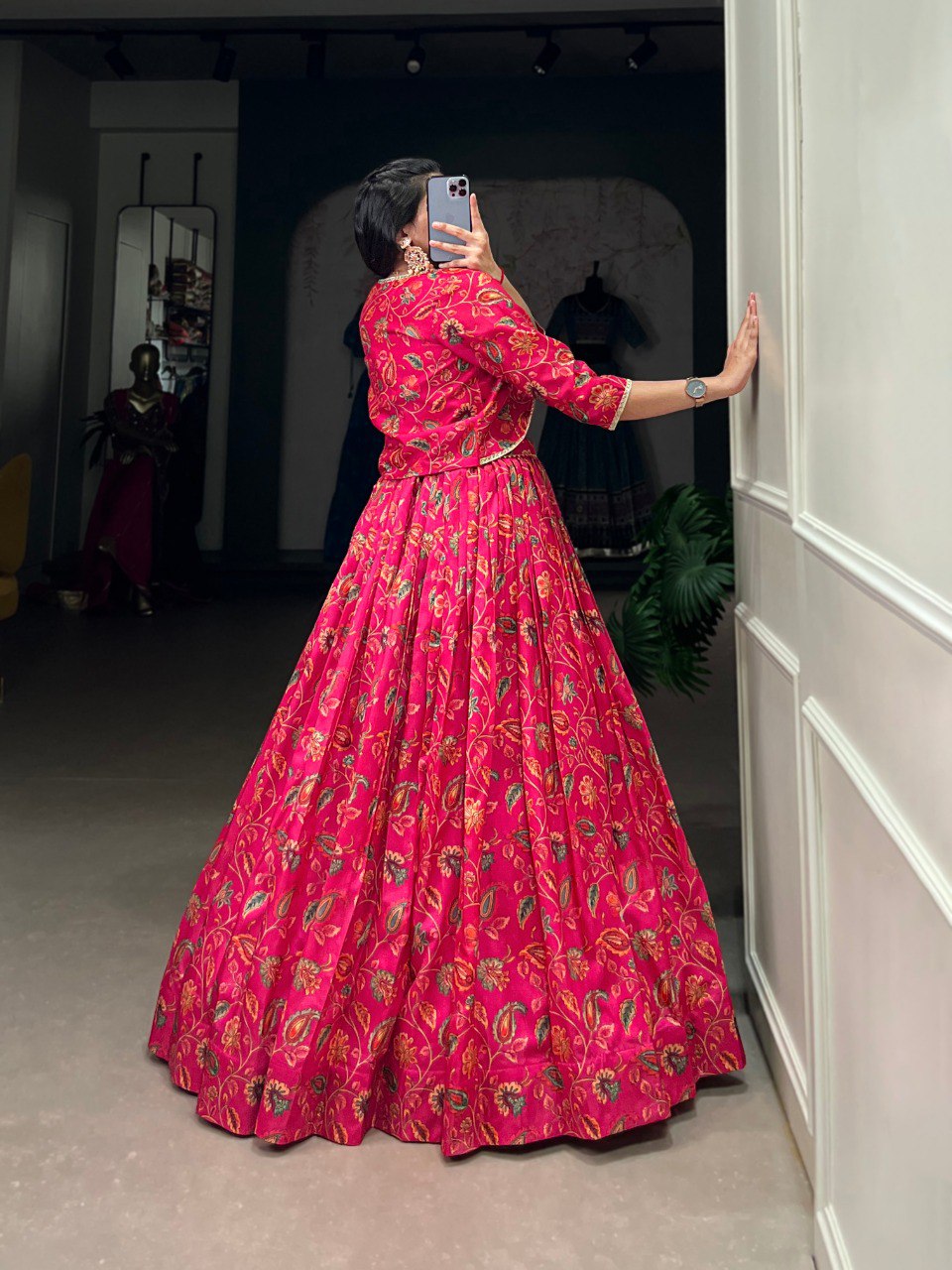 Pink Tasar silk floral print lehenga with blouse and koti
