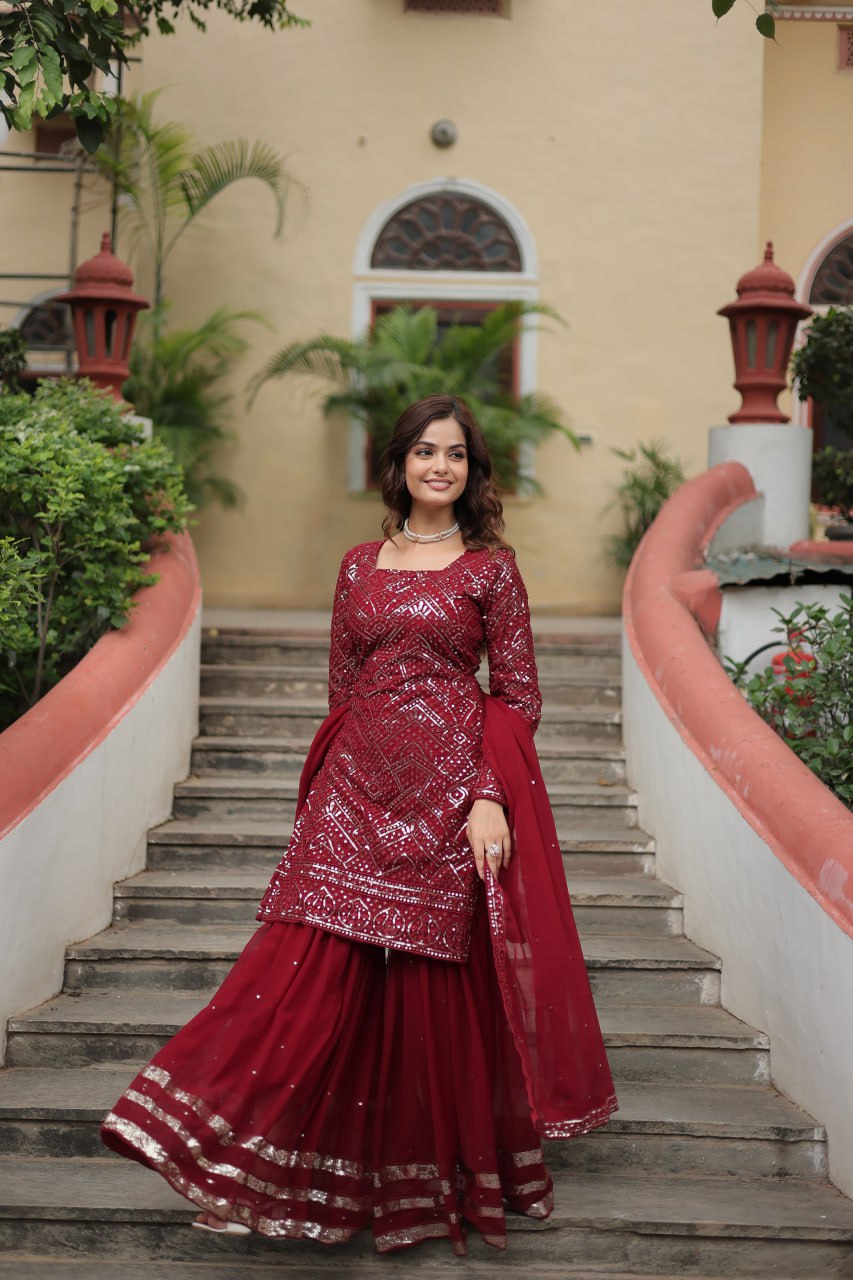 Maroon georgette embroidered Lavya designer sharara suit