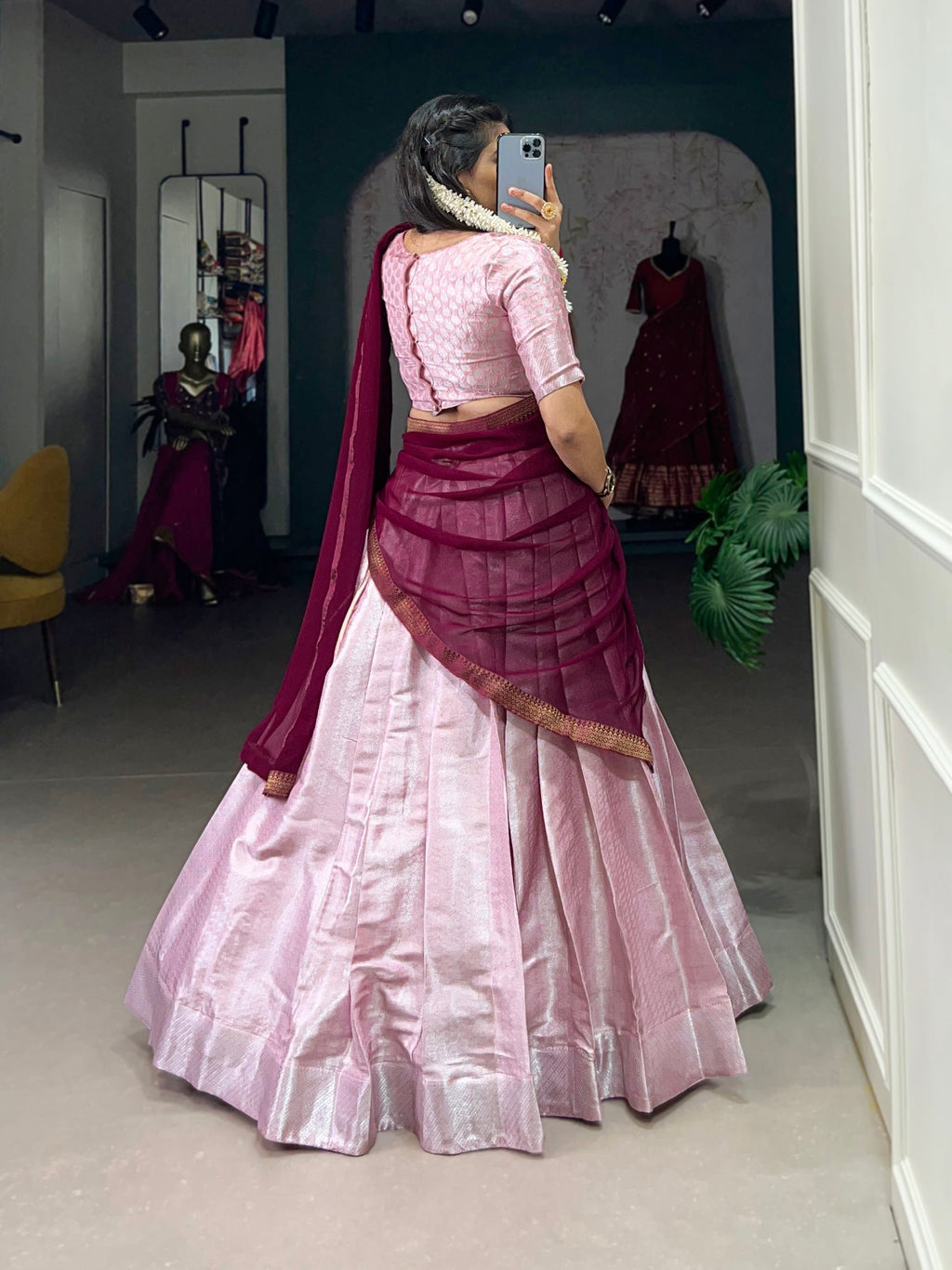 Pink jacquard silk weaving work lehenga choli with dupatta and lace border