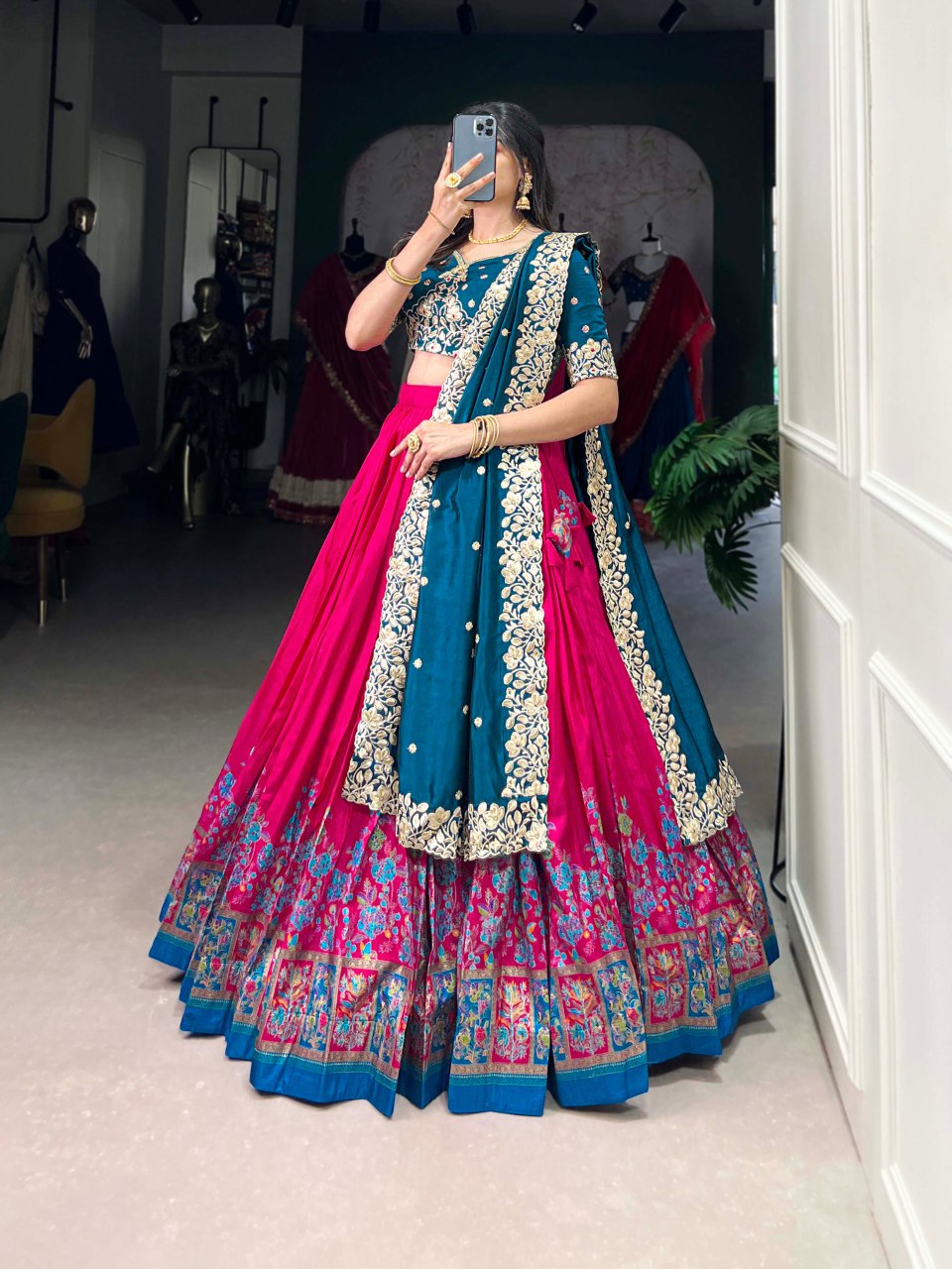 Pink Tussar Silk Lehenga with Foil Print and Embroidered Dupatta