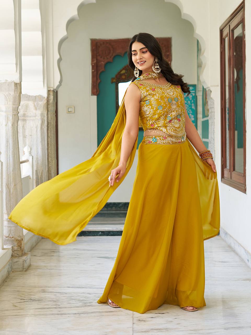 Stuti mustard yellow star georgette top palazzo set with sequins thread embroidery