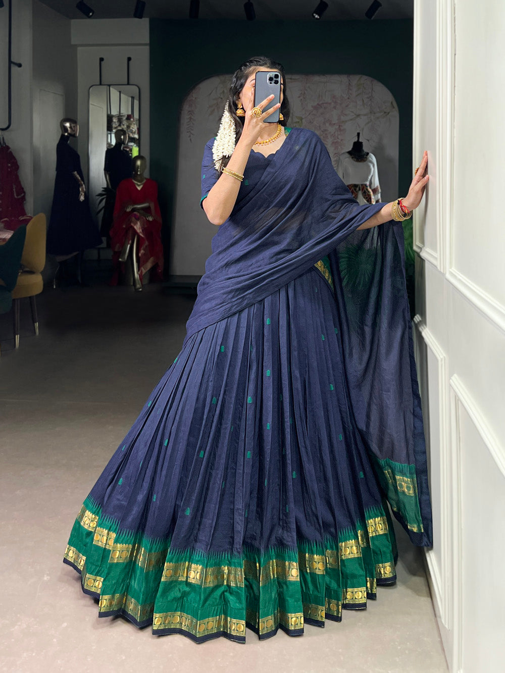 Navy blue Chanderi half-saree lehenga with zari weaving design