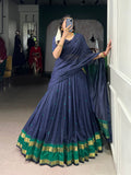 Navy blue Chanderi half-saree lehenga with zari weaving design
