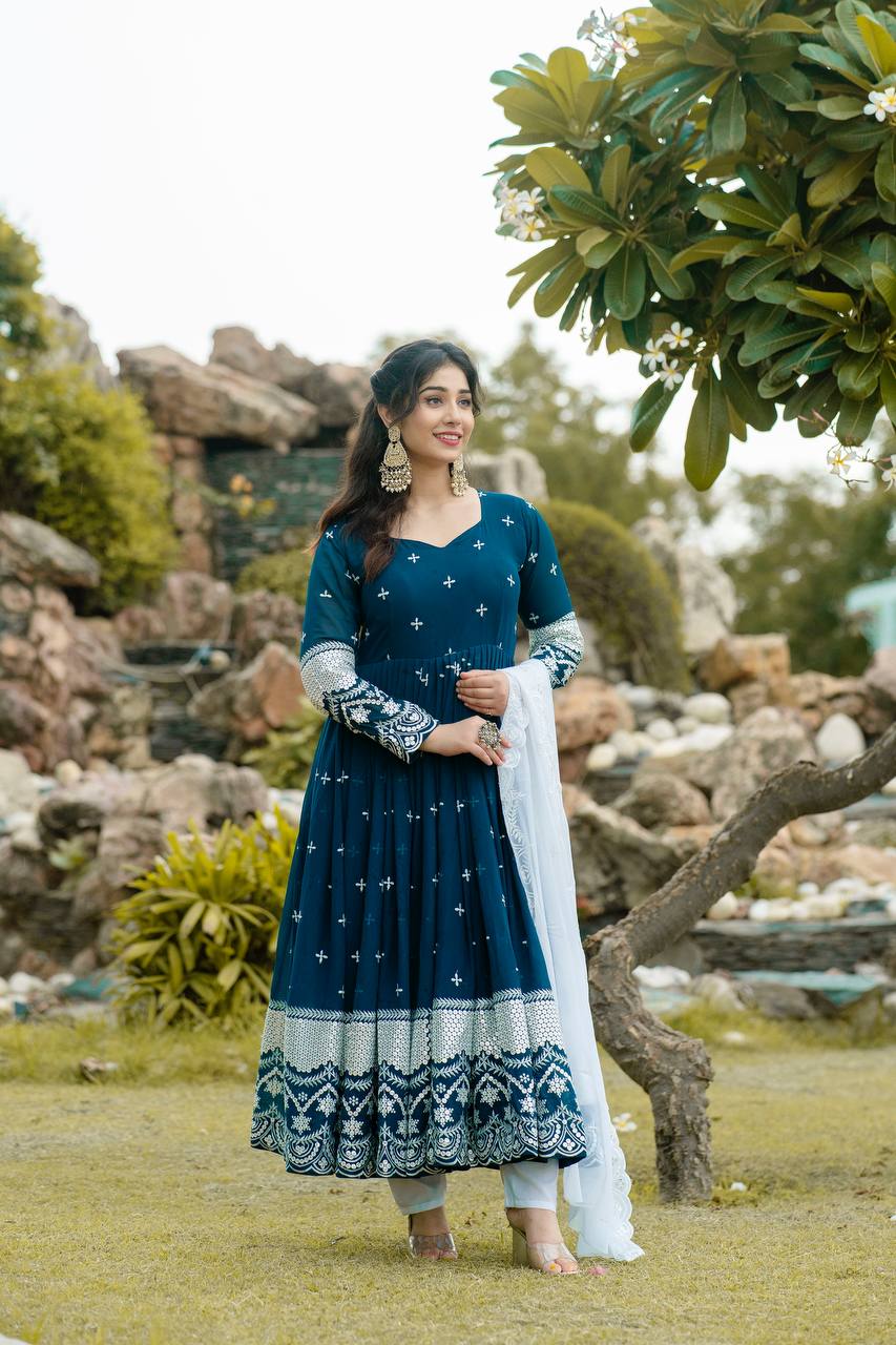 Blue georgette embroidered Nivriti designer Anarkali suit