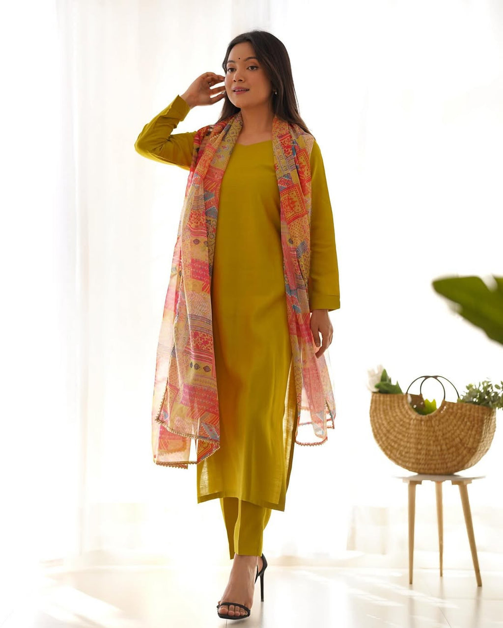 Vedanya yellow viscose straight kurti set