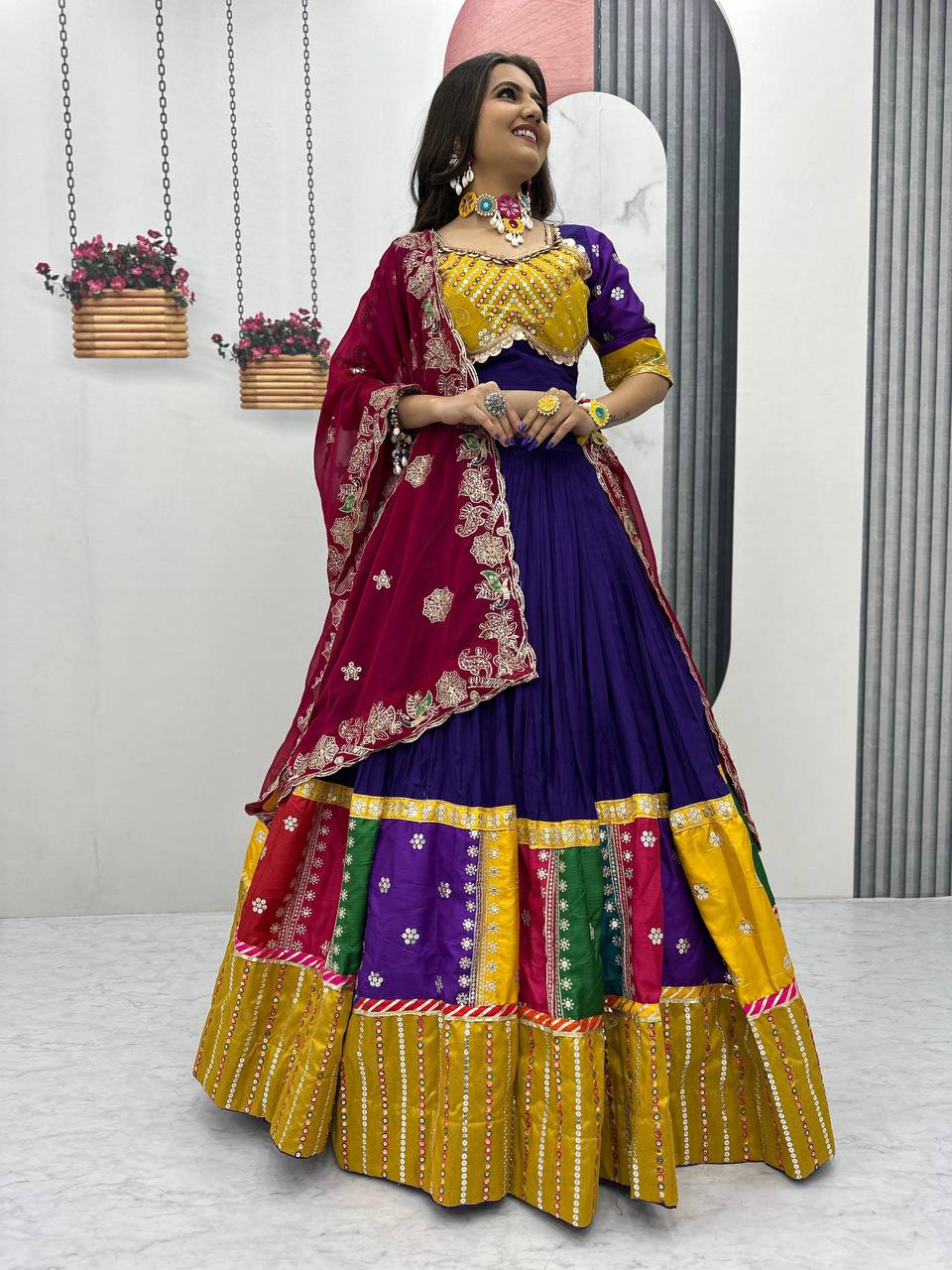 Purple pure cotton lehenga choli with embroidered sequins work and dupatta