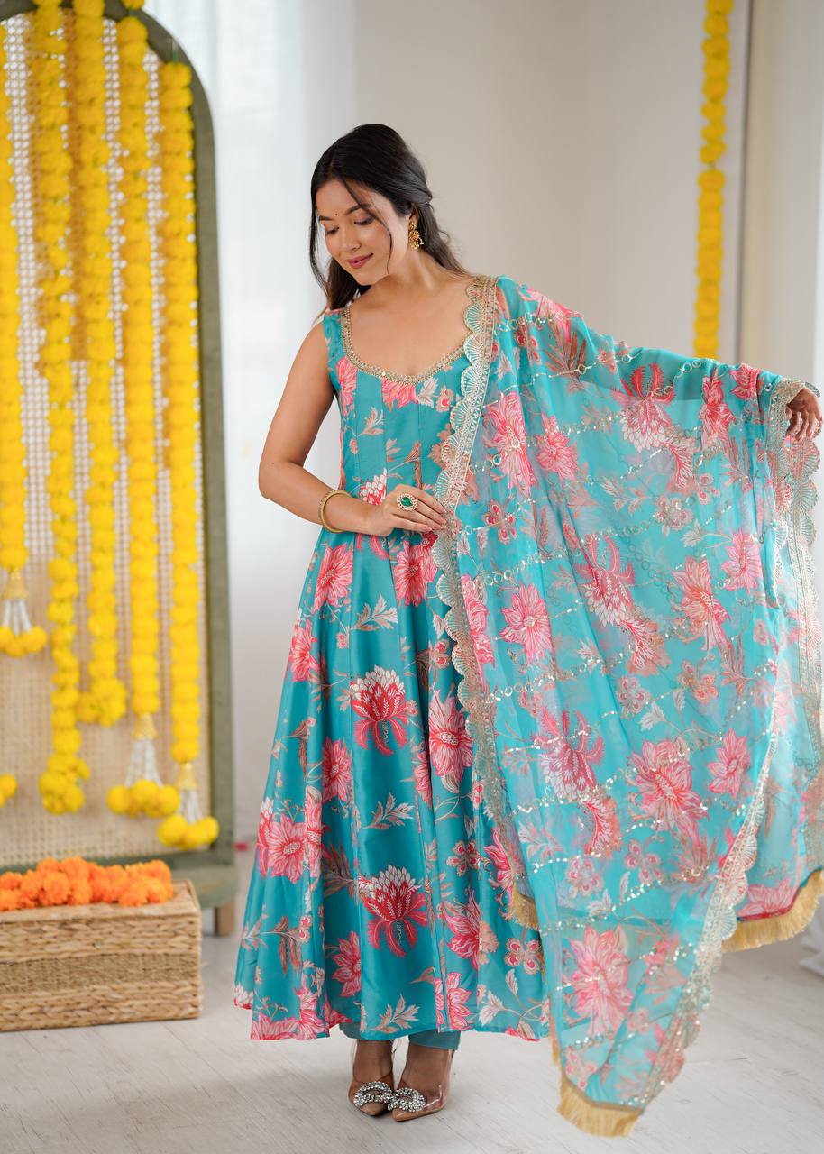 Multicolor chinon embellished kali lace work lehenga choli with dupatta