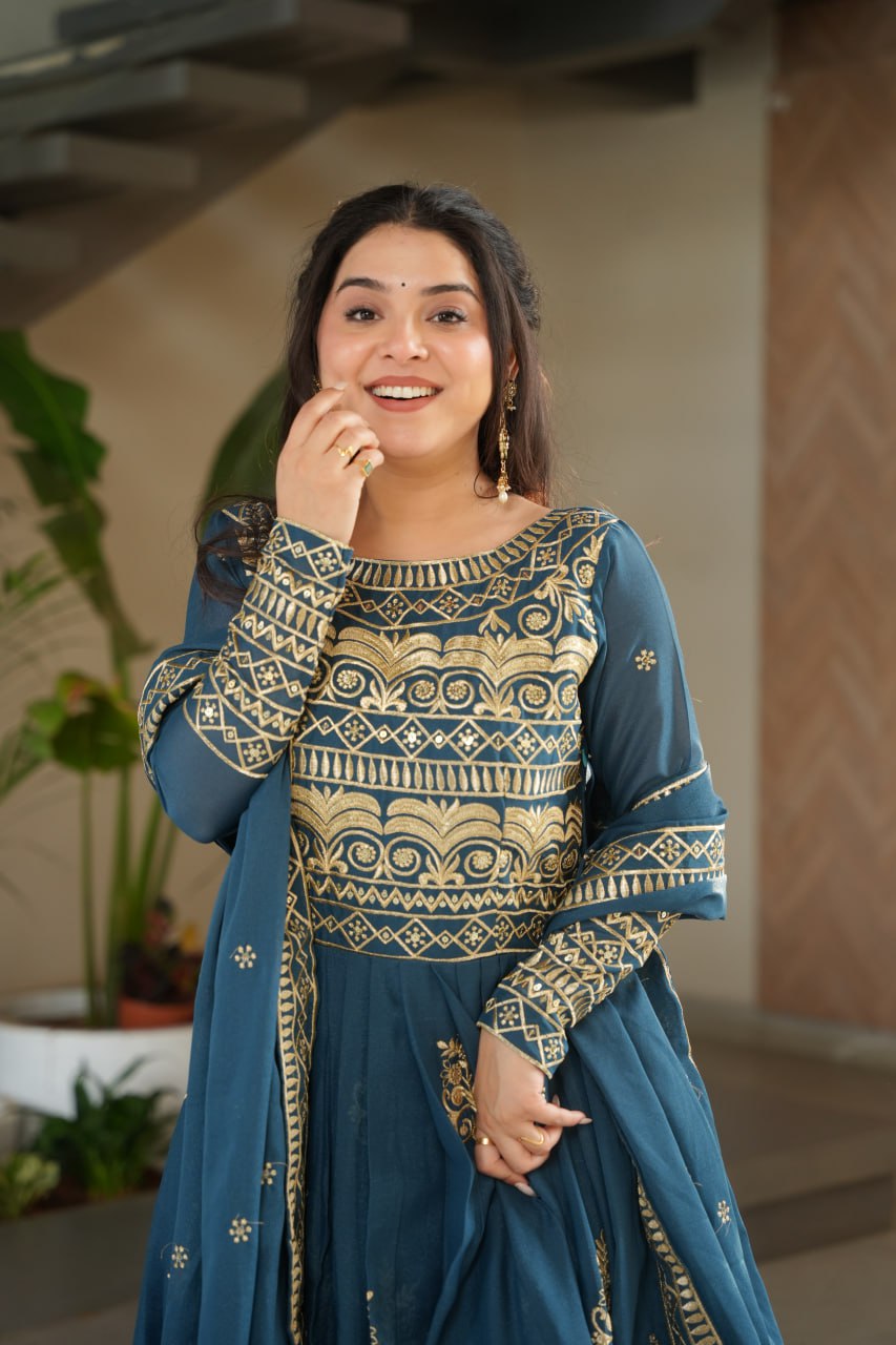 Teal blue chinnon embroidered gown with sequins work and dupatta
