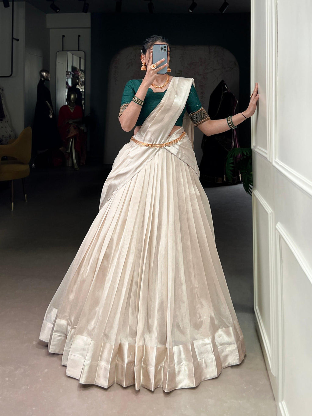 Off white poly Tasar viscose border and bead work traditional lehenga choli
