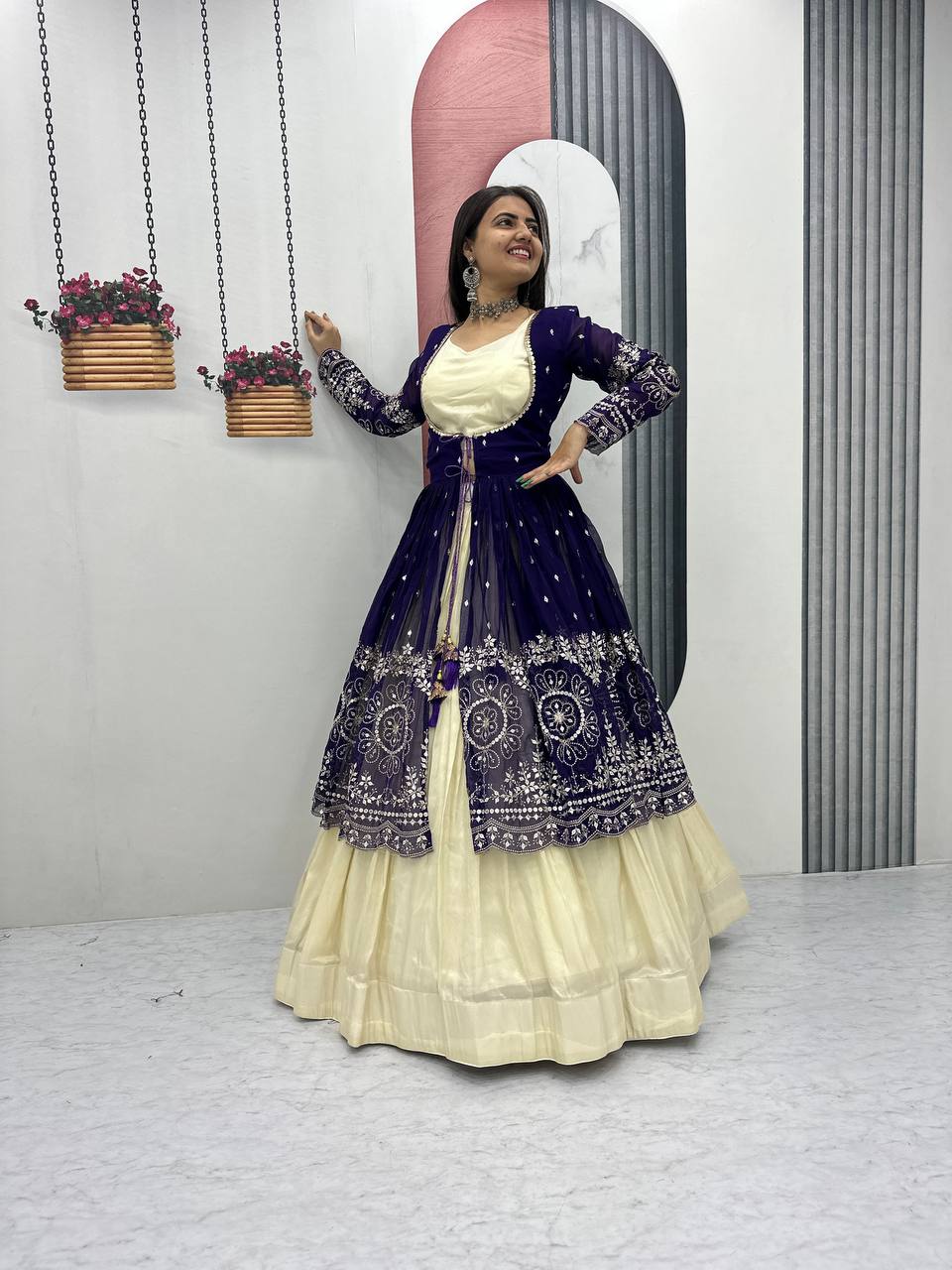 Tulika navy blue Cosmos silk lehenga choli with heavy thread and sequins work with shrug