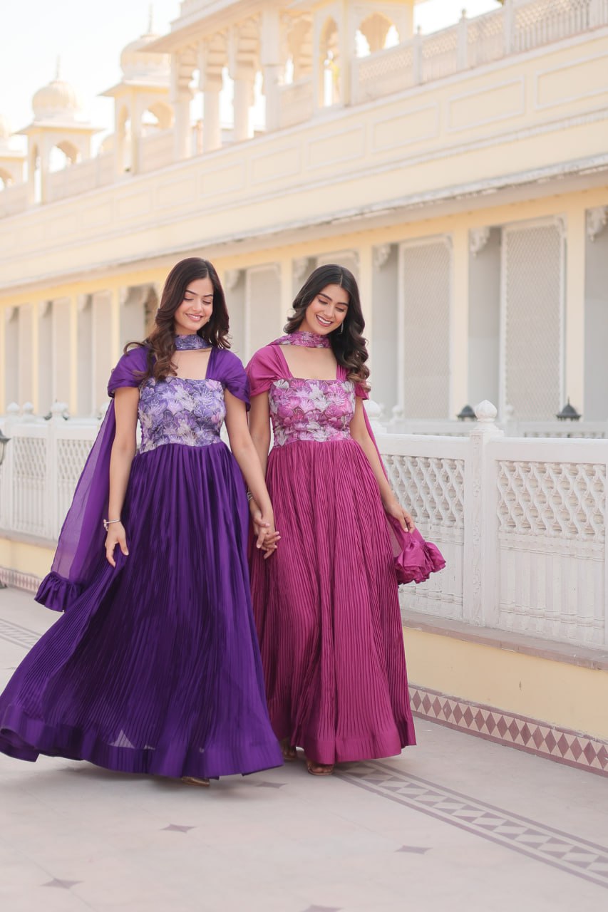 Shanta chinon pink printed anarkali gown set