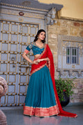 Teal blue Vichitra silk zari weaving work lehenga choli with dupatta