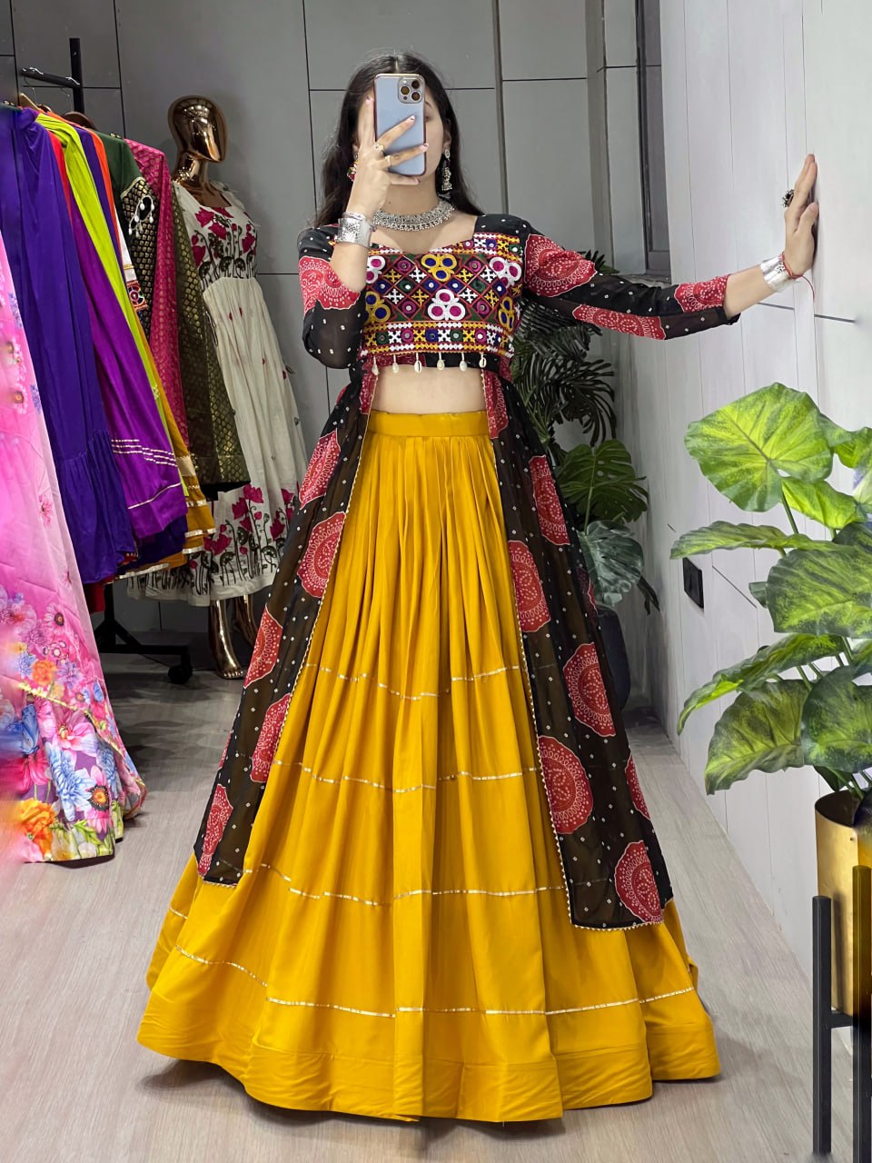 Mustard yellow rayon Bandhani print Gota Patti work faux georgette kurti lehenga