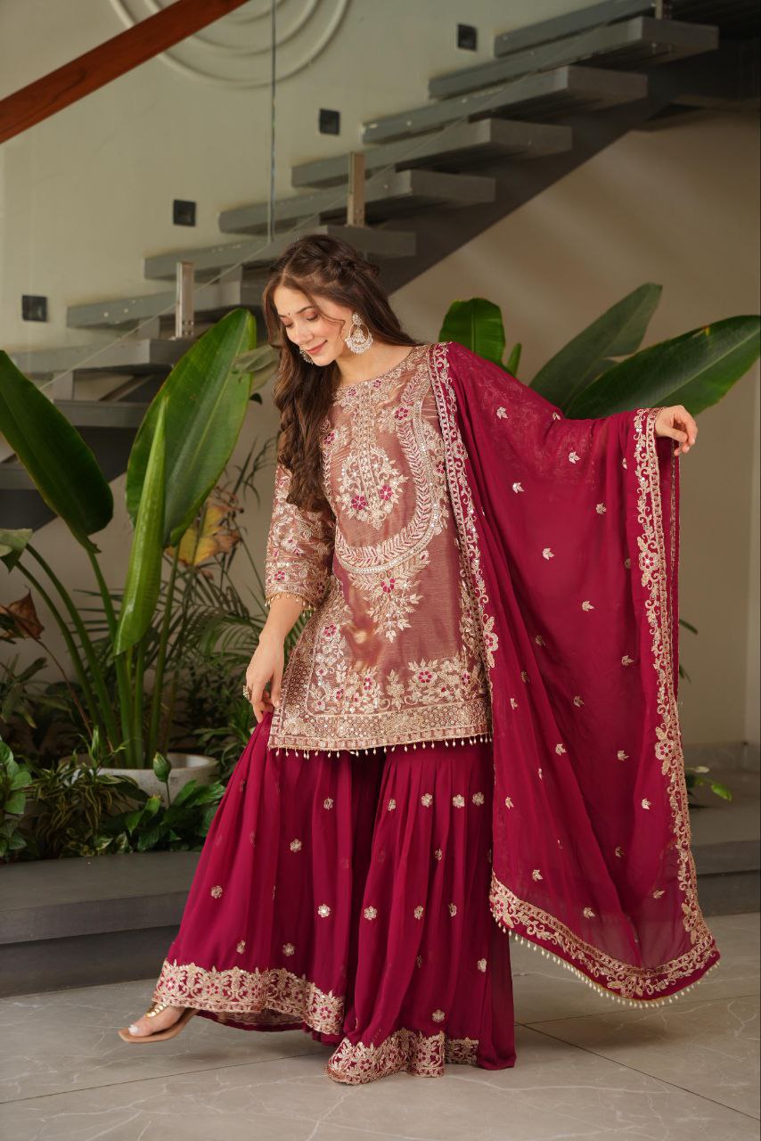 Maroon crazy silk embroidered kurti palazzo set with dupatta