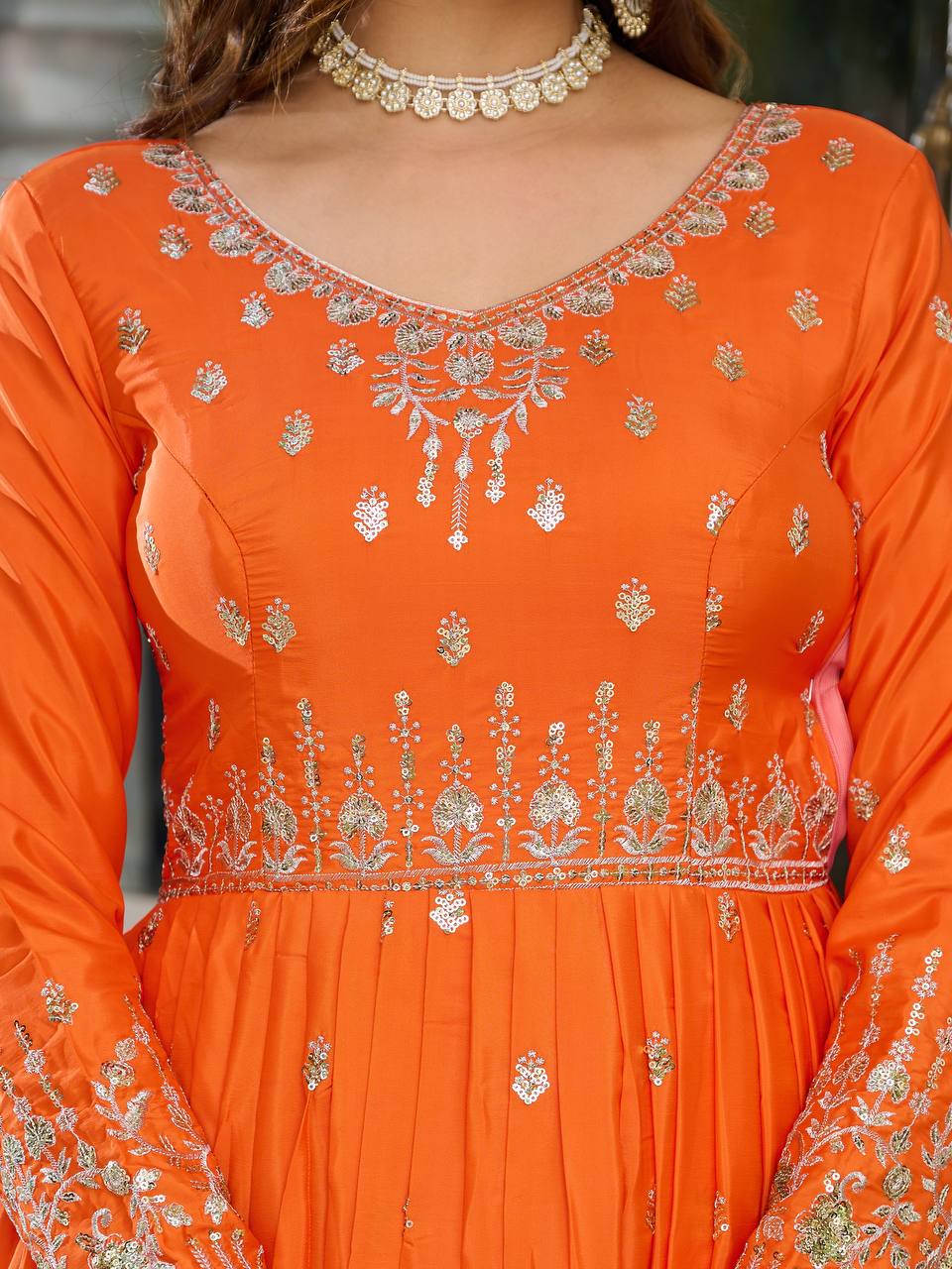 Meghnita Anarkali suit in American Silk with thread & sequin embroidery, padded gown, stitched pant & dupatta—perfect for weddings & festive wear.
