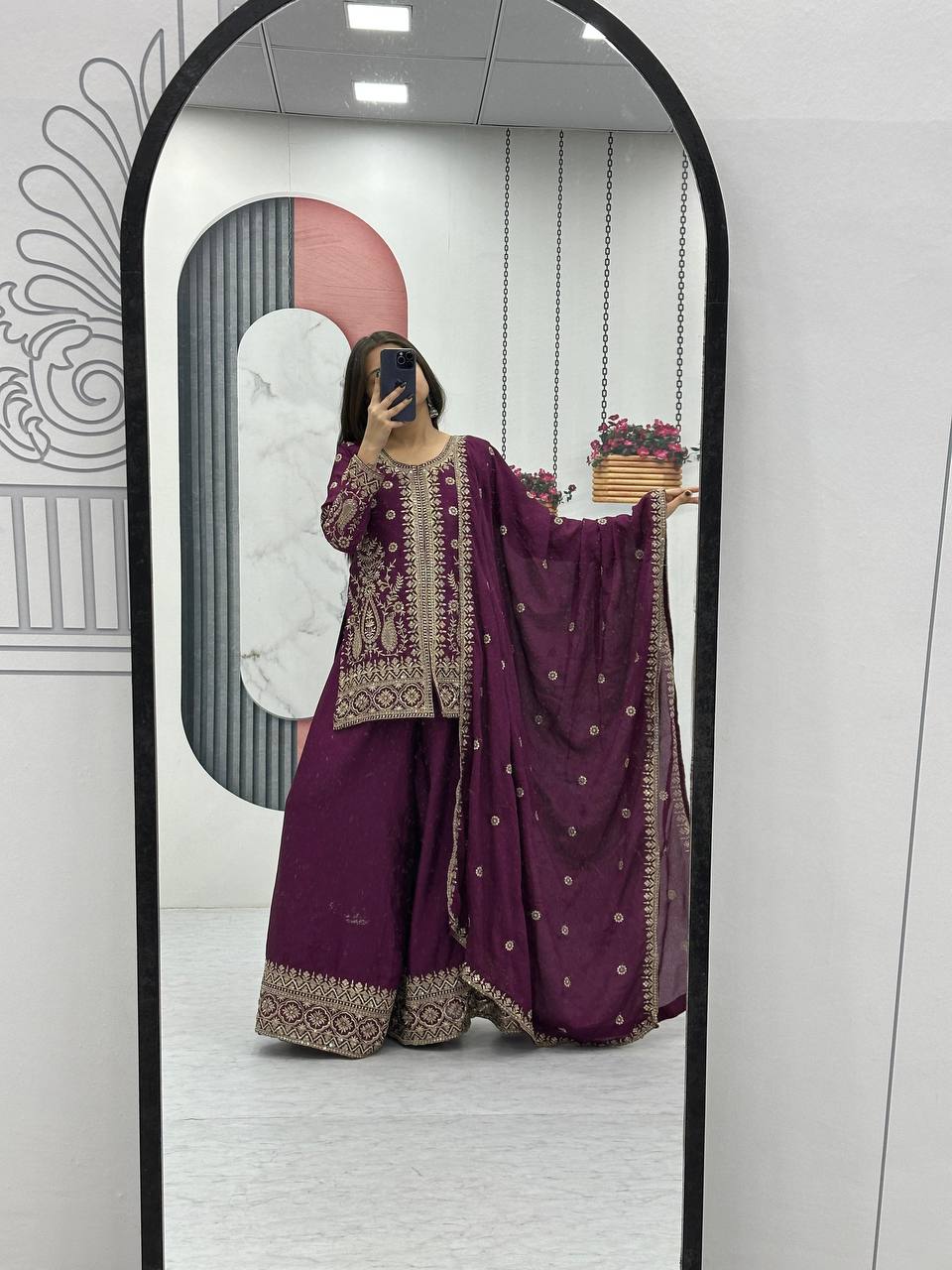Enya purple Chinon kurti palazzo set with thread sequence embroidery work