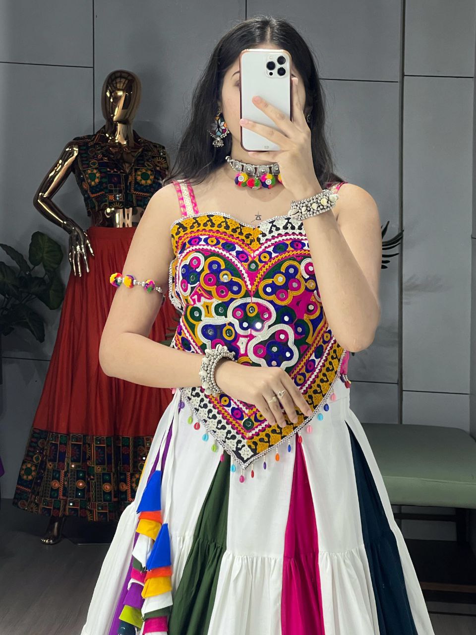 Multicolor rayon cotton frill Kutchi mirror work lehenga with blouse