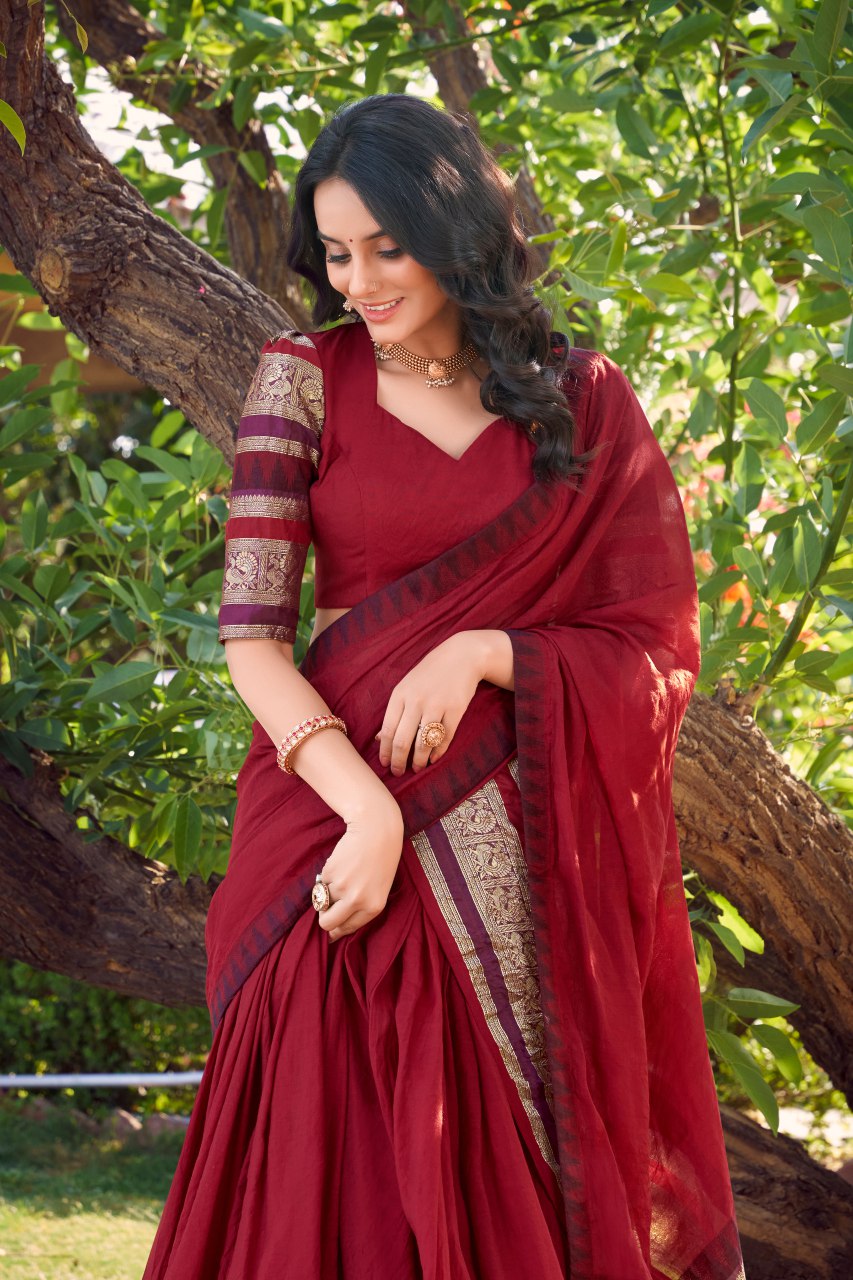 Maroon pure chanderi lehenga choli with zari weaving work and dupatta