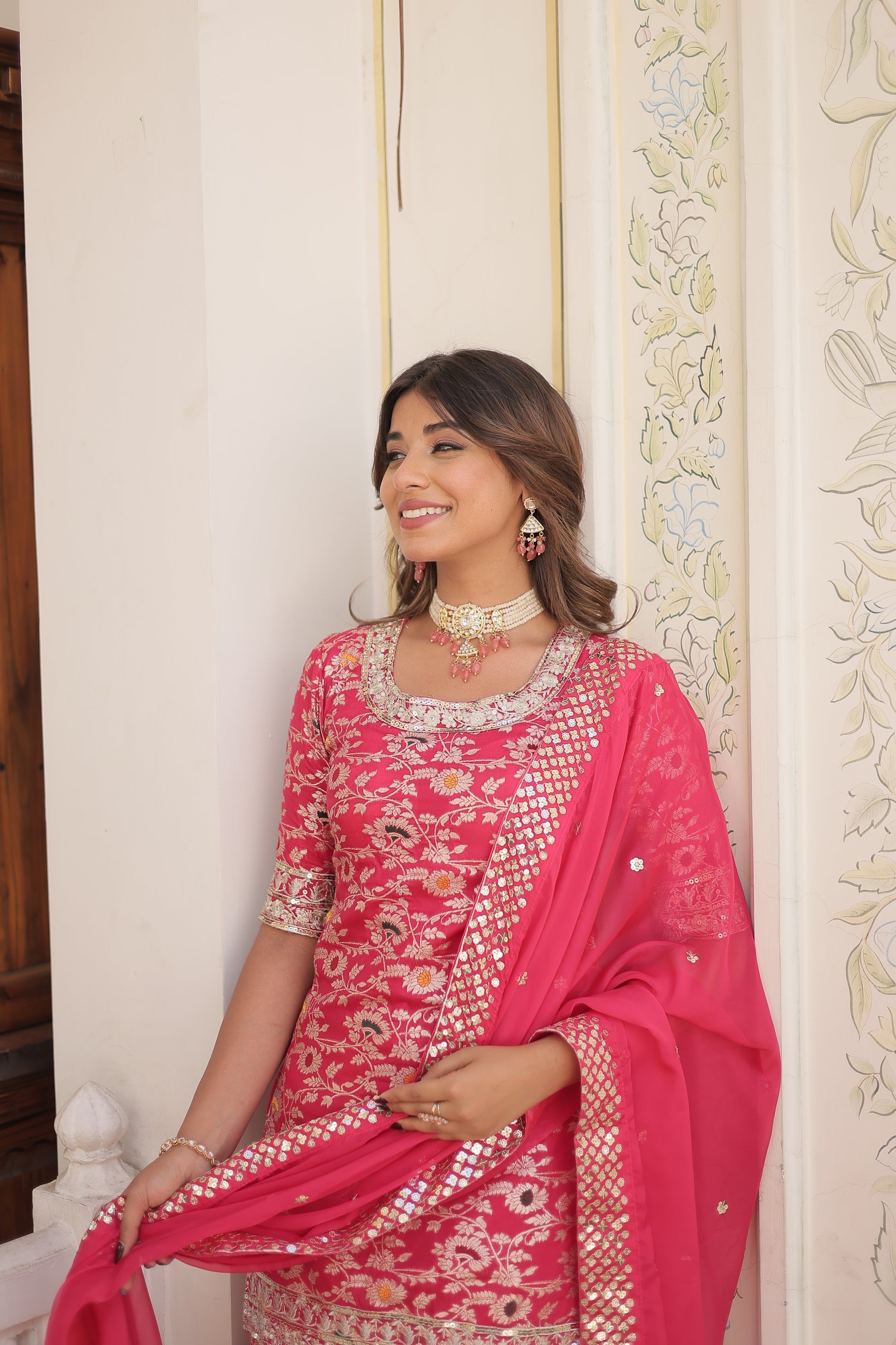 Krishnapriya rani pink viscose embroidered kurti gharara set