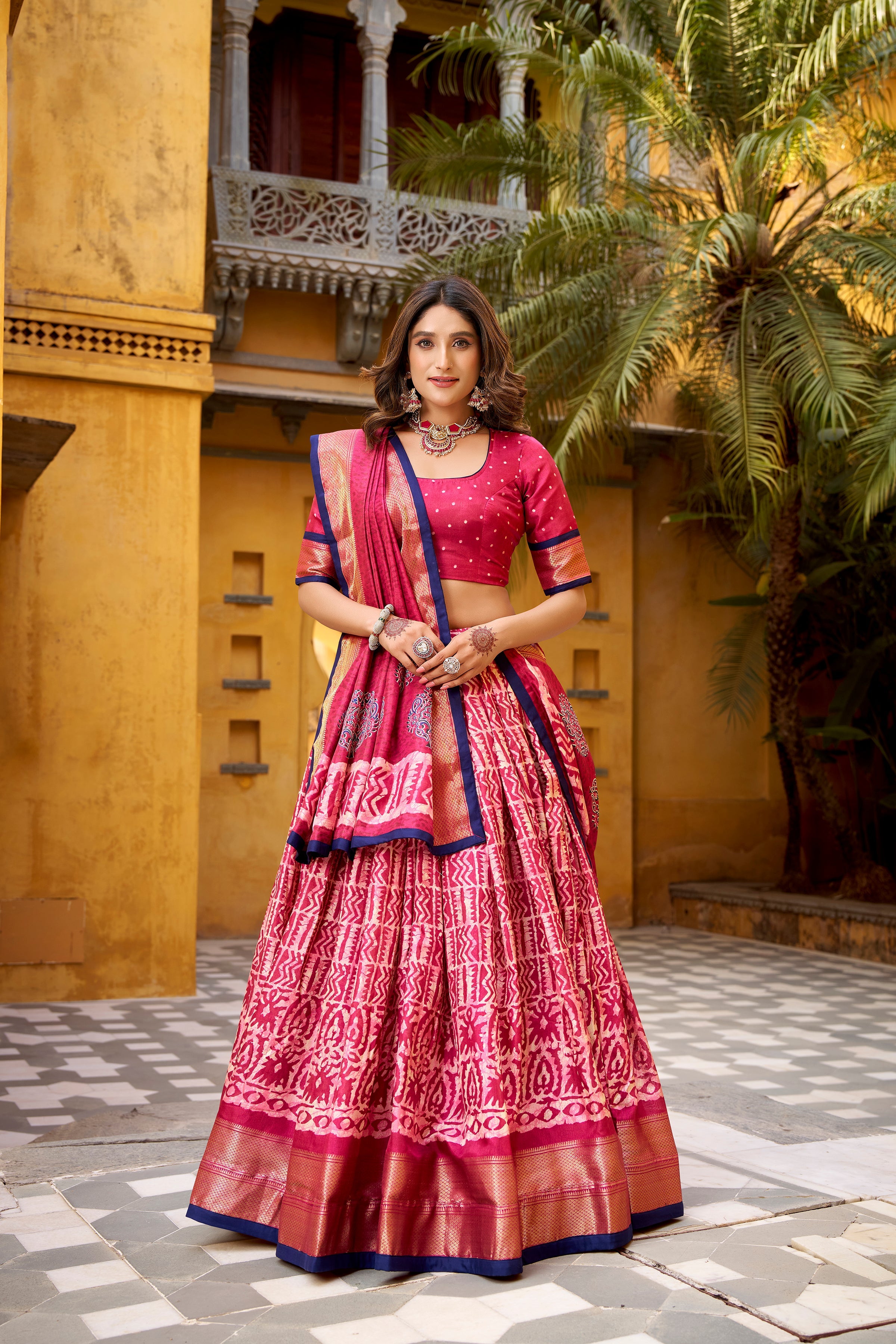 Girija pink Dola silk batik print lehenga choli with zari weaving work
