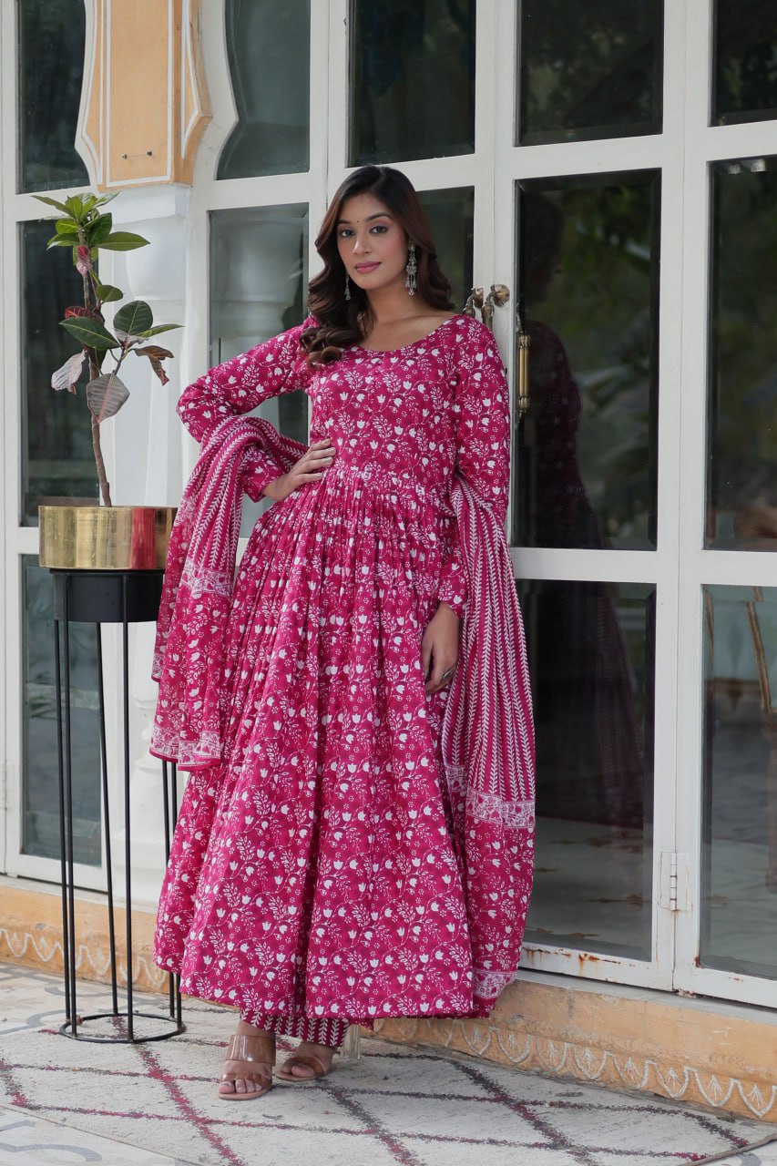 Pink cotton Mahi designer Anarkali suit with dupatta