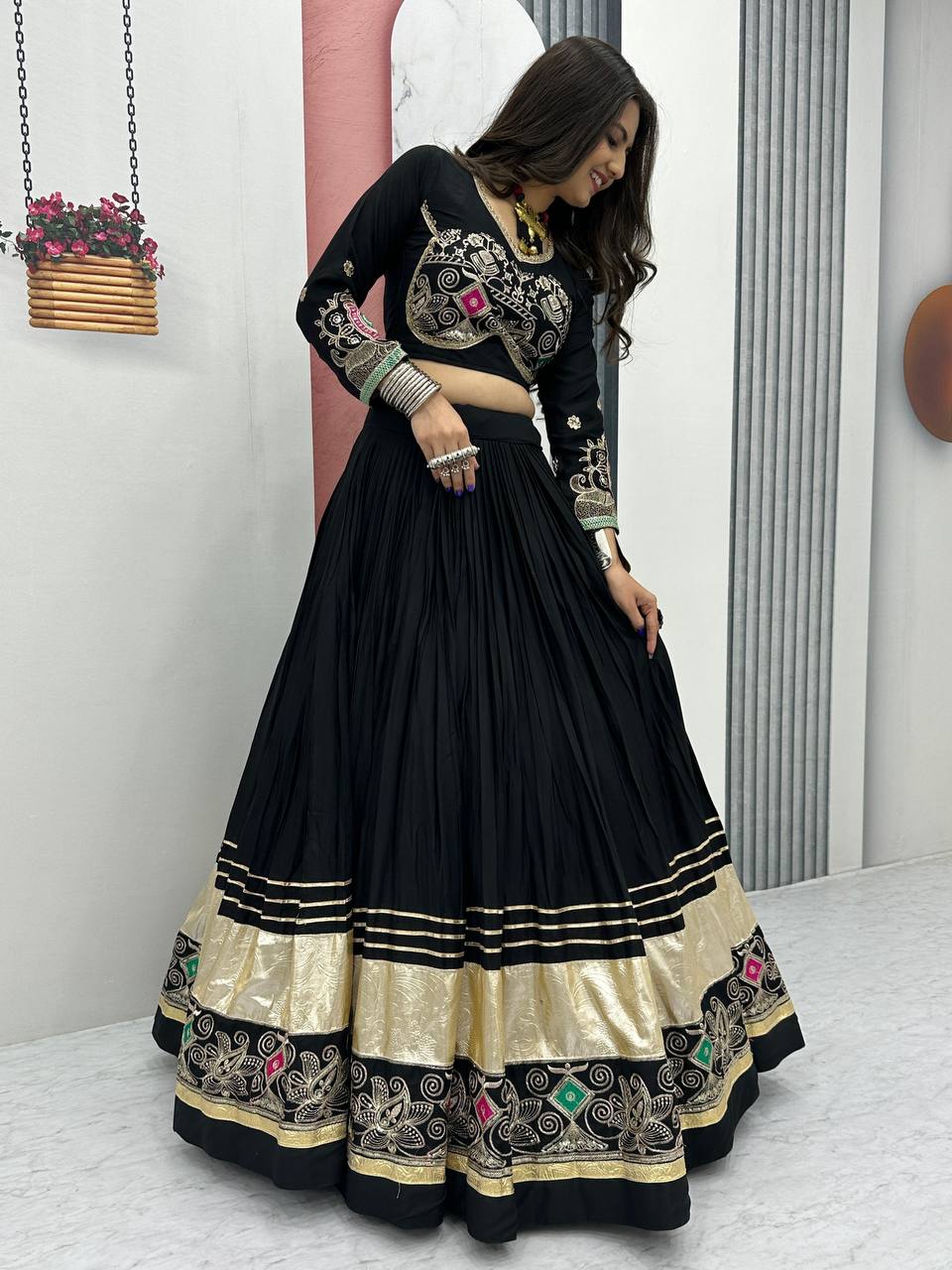 Black pure cotton embroidered sequins work lehenga choli