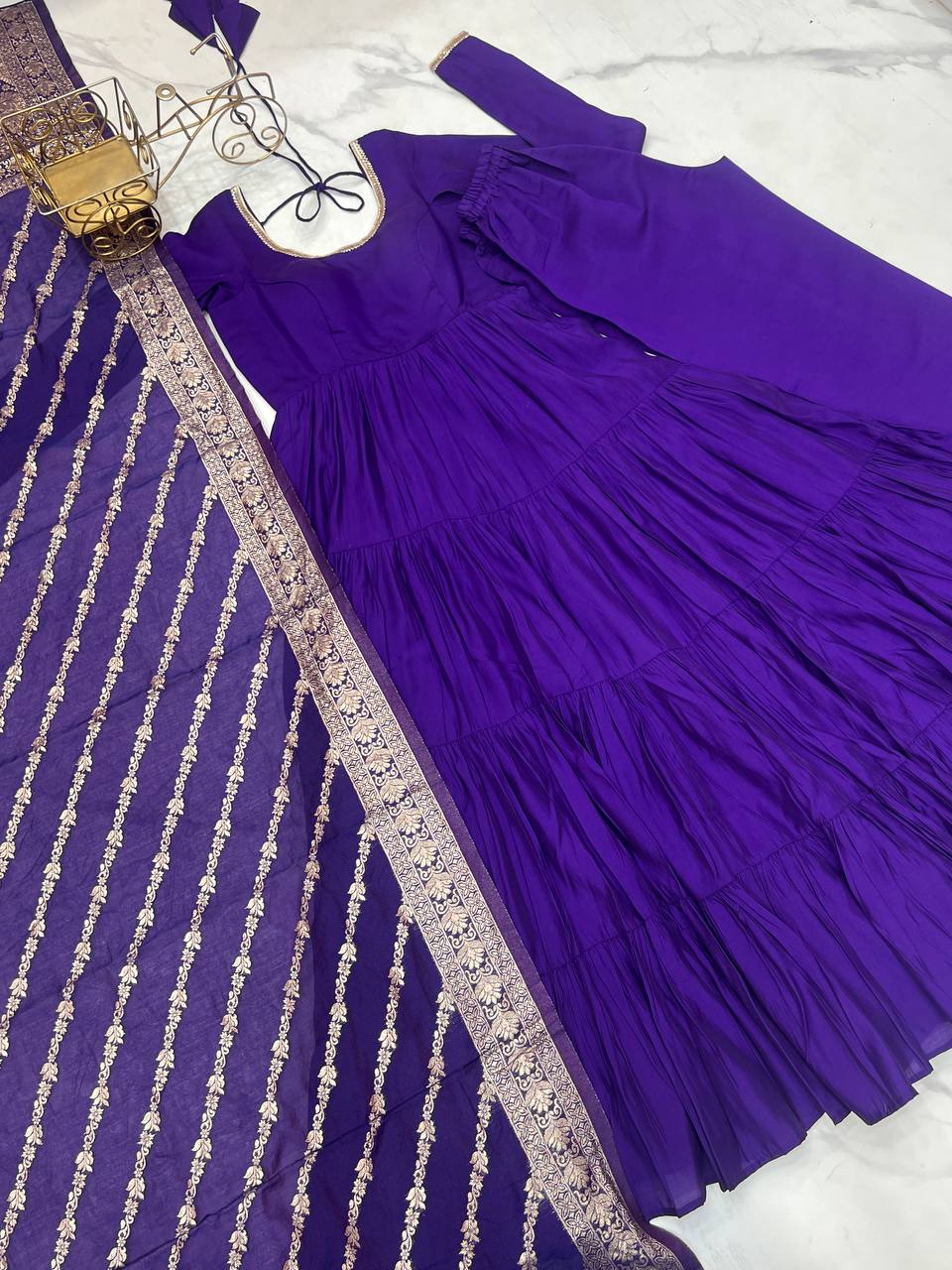 Purple Roman silk Ashika flared designer Anarkali suit