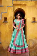 Swastika sky blue pure Chanderi thread work half saree lehenga