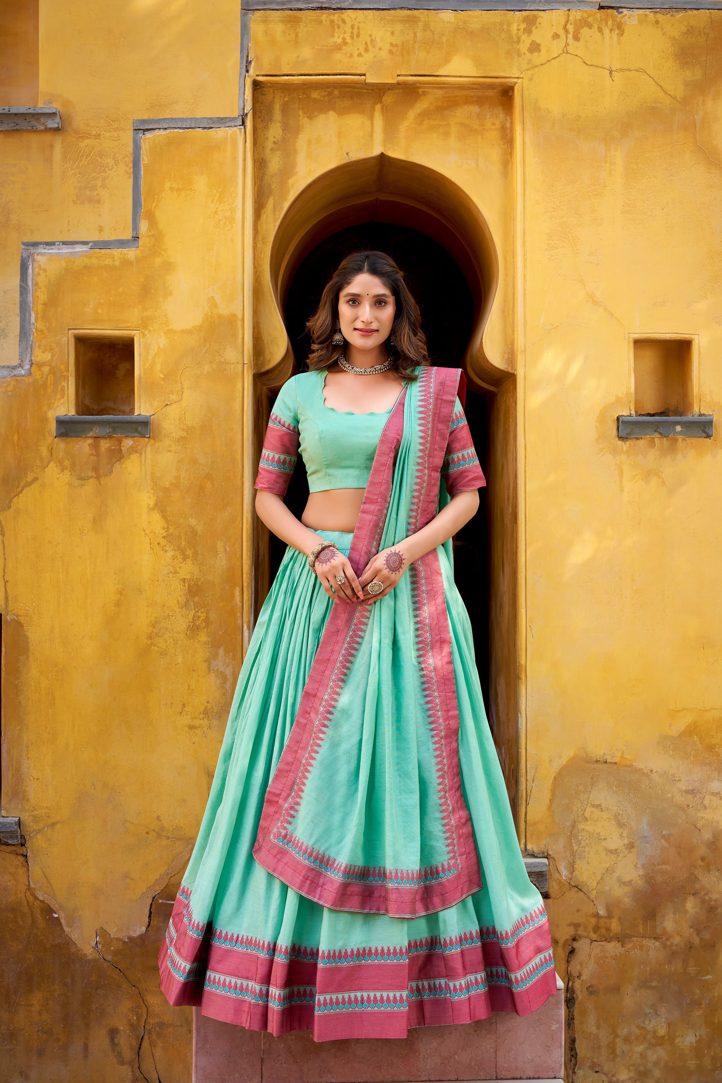 Swastika sky blue pure Chanderi thread work half saree lehenga