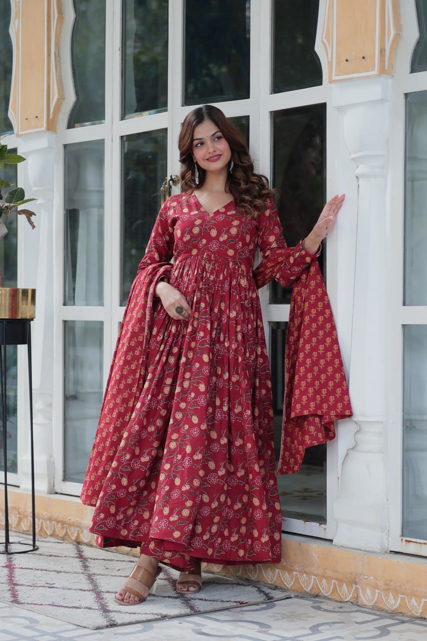 Himalini Red Pure Cotton Anarkali Suit Set