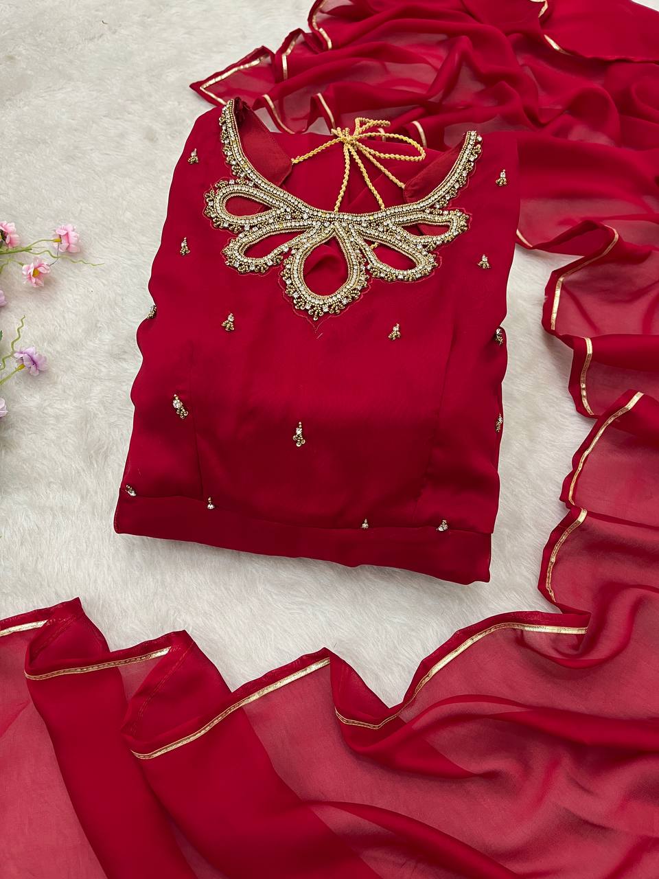 Samiksha red georgette embroidered Anarkali gown set