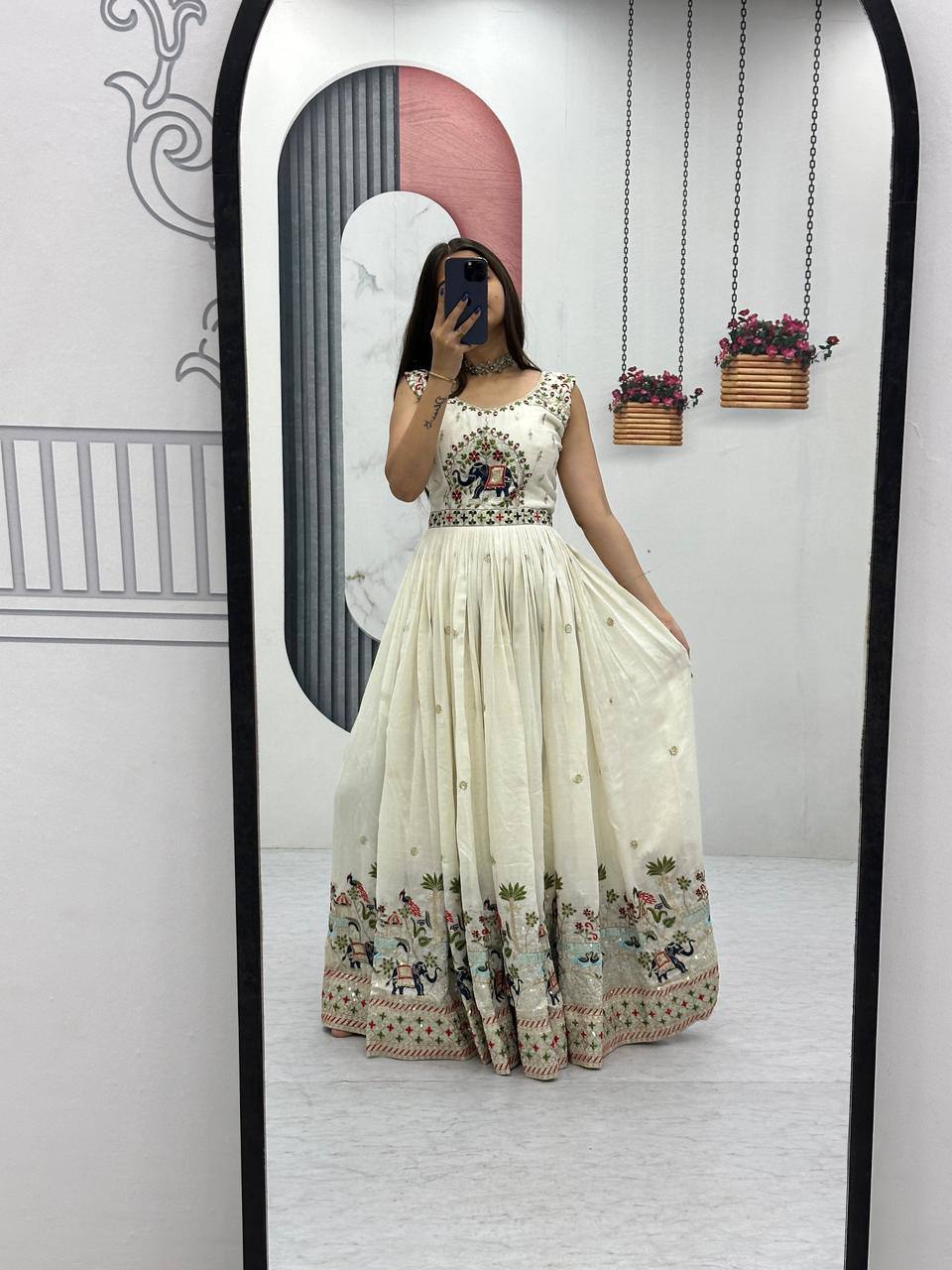 Off-white chinon embroidered designer gown with dupatta