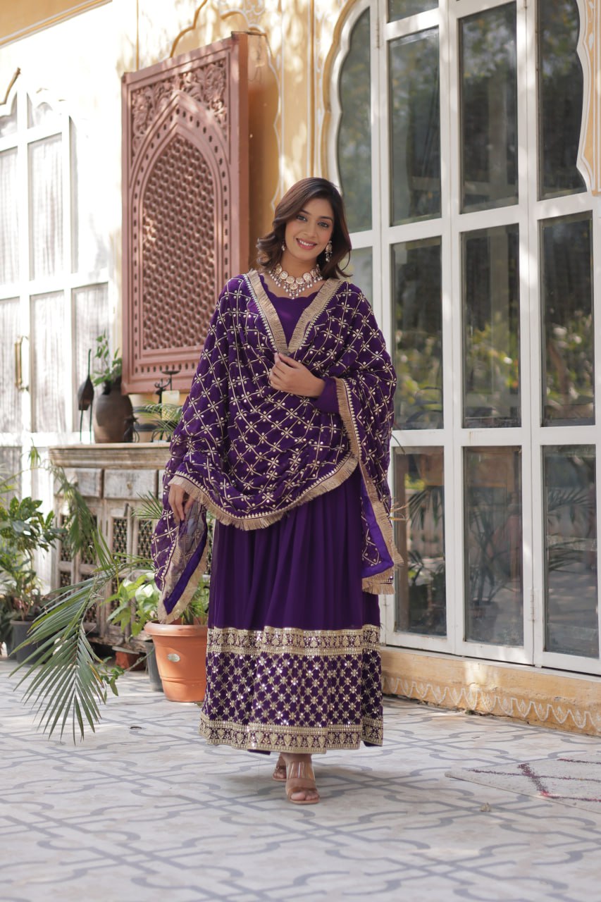 Avishka purple embroidered anarkali gown set