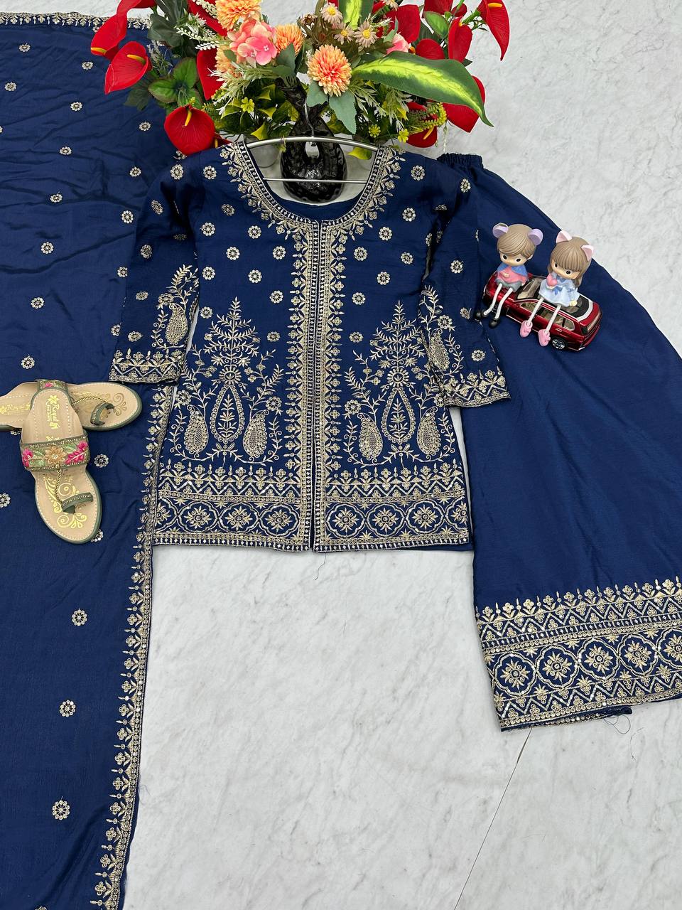 Enya blue Chinon kurti palazzo set with thread sequence embroidery work