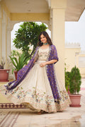 Off-white silk sequins thread embroidery lehenga choli with purple Bandhej dupatta