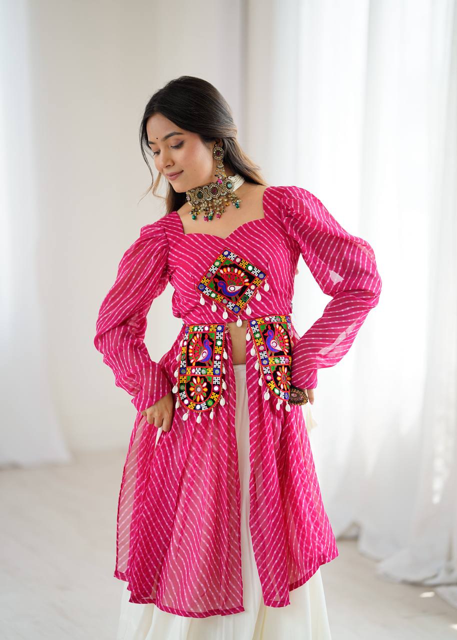 Pink georgette top with digital print and thread work butter silk Gota Patti lehenga