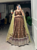 Brown chinon lehenga choli with digital print and embroidery sequins work