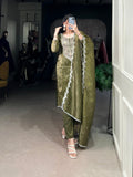 Green gold crush kurti set with dupatta for women, embroidered kurti palazzo set for festive wear, designer kurti set for Diwali and Karwa Chauth, traditional Indian outfit for weddings and sangeet, sequin embroidered kurti with pant and dupatta, party wear ethnic suit for women, gold crush kurti dupatta combo, latest kurti sets for festivals and special occasions.