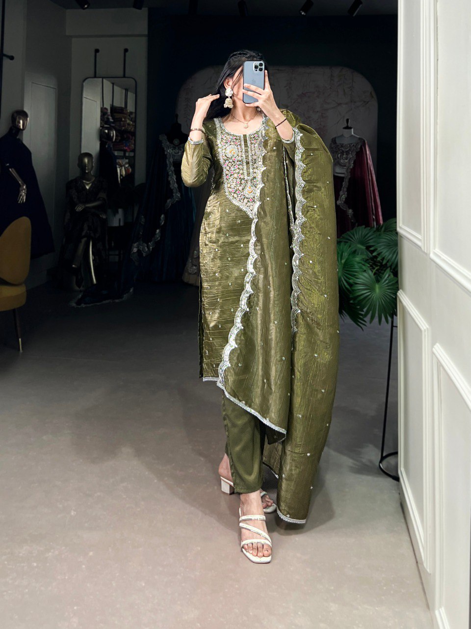 Green gold crush kurti set with dupatta for women, embroidered kurti palazzo set for festive wear, designer kurti set for Diwali and Karwa Chauth, traditional Indian outfit for weddings and sangeet, sequin embroidered kurti with pant and dupatta, party wear ethnic suit for women, gold crush kurti dupatta combo, latest kurti sets for festivals and special occasions.
