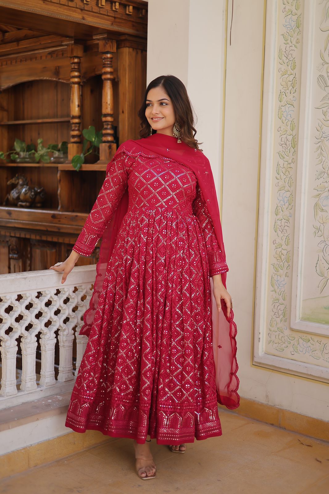 Radiant pink floral gown with dupatta set